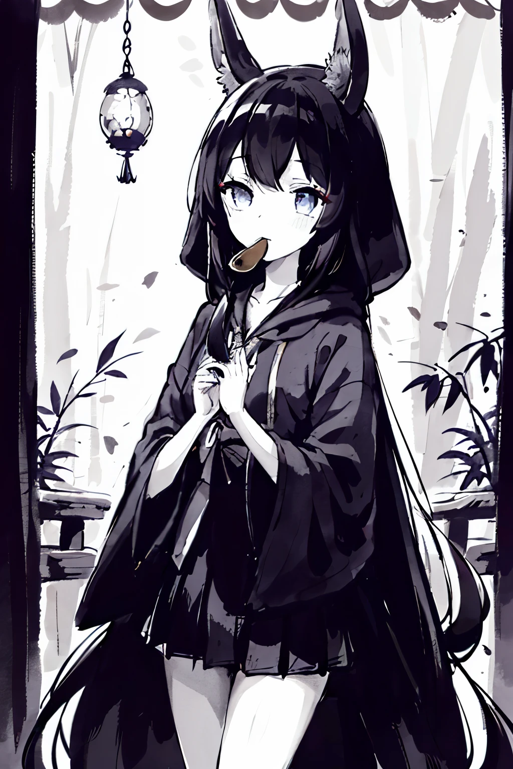 ((highest quality)), ((masterpiece)), (detailed), Monochrome、Black and White、mysterious、One girl,Tall girls、hoodie、mini skirt、Wearing a hood、Patterned hood、Deer horn、Bob Hair、blue eyes、Glowing Eyes、Hanging eyes、Bamboo shoots in mouth、Beautiful Face、Black Hair、Hair ornament made of strips、Tanzaku corner decoration、Confetti、Tanabata decoration、Taiga、forest、night、Cowboy Shot、front
