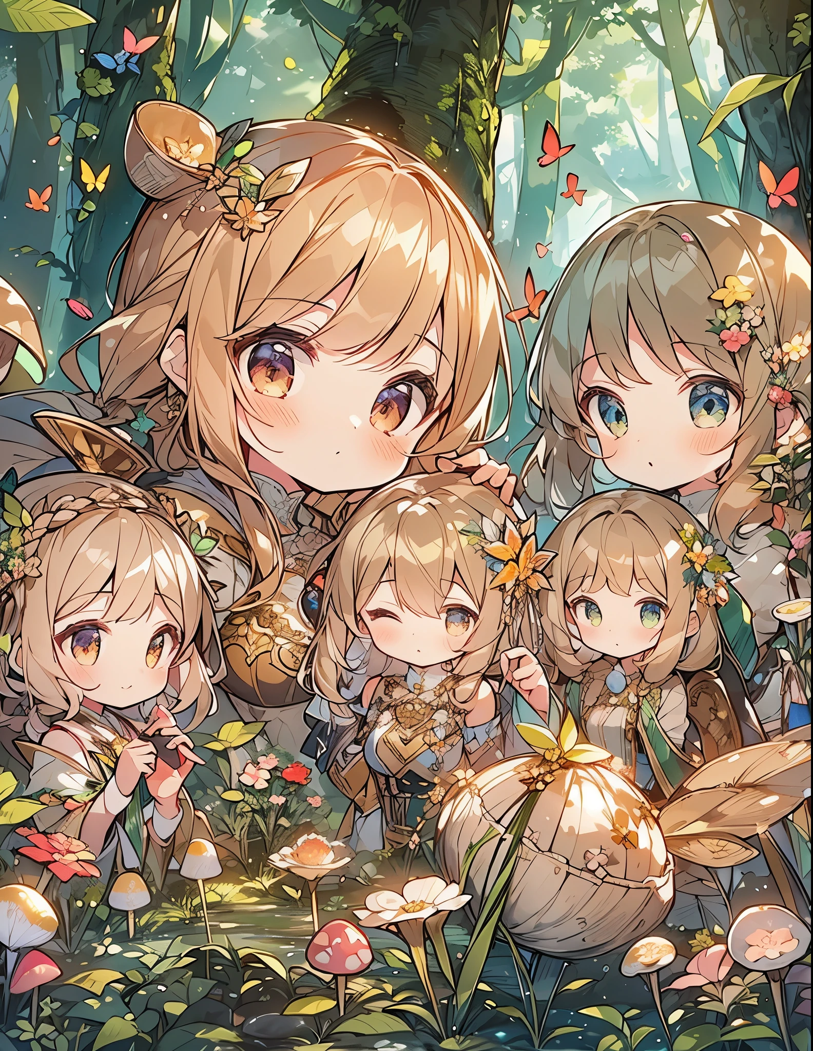 a high quality detailed illustration of seven cute chibi style anime girls in a magical forest scene, beautiful atmospheric lighting with lens flare, pale soft color tones, masterpiece, highly detailed, intricate, (best quality,8k,highres,masterpiece:1.2),ultra-detailed,(realistic:1.37),highly detailed faces with beautiful eyes, noses and lips, beautiful costumes, whimsical poses, detailed forest environment with lush greenery, flowers, mushrooms, butterflies, warm lighting, fantasy, magical realism