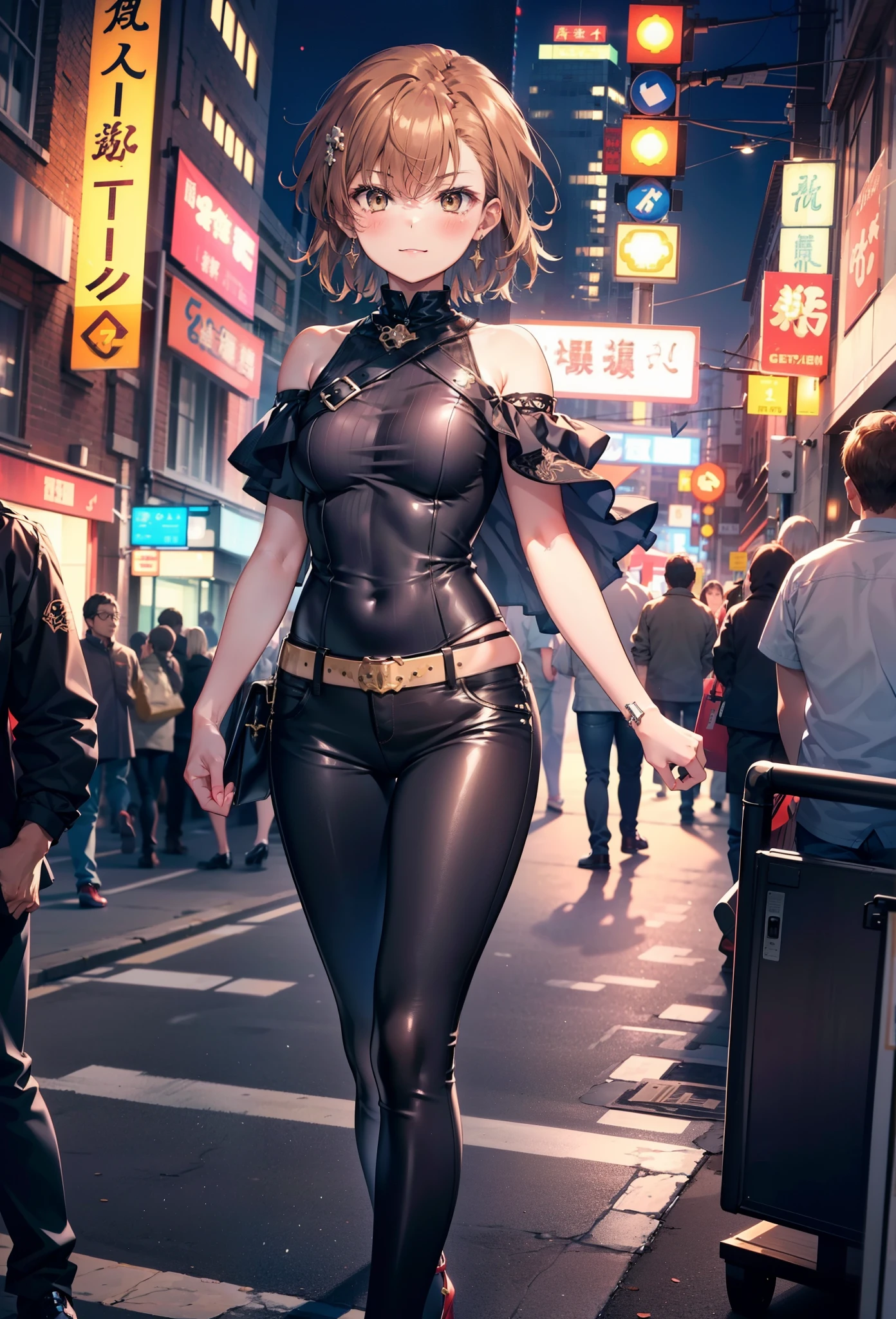 8k,highest quality,masterpiece,(((Pixel Perfect, 細部まin完璧))), 一people々in, 女の子1people々, Mycotrose, Brown eyes,Brown Hair,short hair,blush,Cold shoulder tops,Short sleeve,skinny pants,Stiletto heels,happy smile, smile, Open your mouth,whole bodyがイラストに入るように,Walking,night,Looking down from above,
break outdoors, Residential Street,crowd, people々々々々々,
break looking at viewer, whole body,
break (masterpiece:1.2), highest quality, High resolution, unity 8k wallpaper, (shape:0.8), (Beautiful details:1.6), Highly detailed face, Perfect lighting, Highly detailed CG, (Perfect hands, Perfect Anatomy),