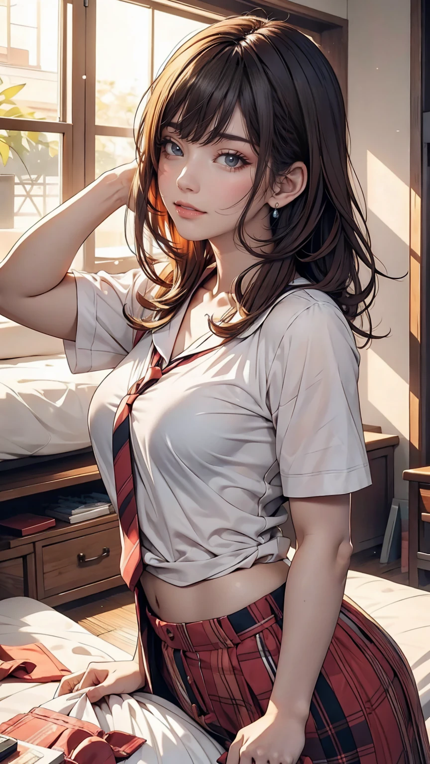 masterpiece, HQ, 4k, detailed face, hyper realistic, brown hair, high ponytail, girl, ((slender, petite, skinny)), classroom, shy, blushing, humiliated, ((dark blue plaid pleated skirt)), topless, (medium boobs), (shy arms), (wearing nothing except skirt), (sitting), (bare neck), (bare face)