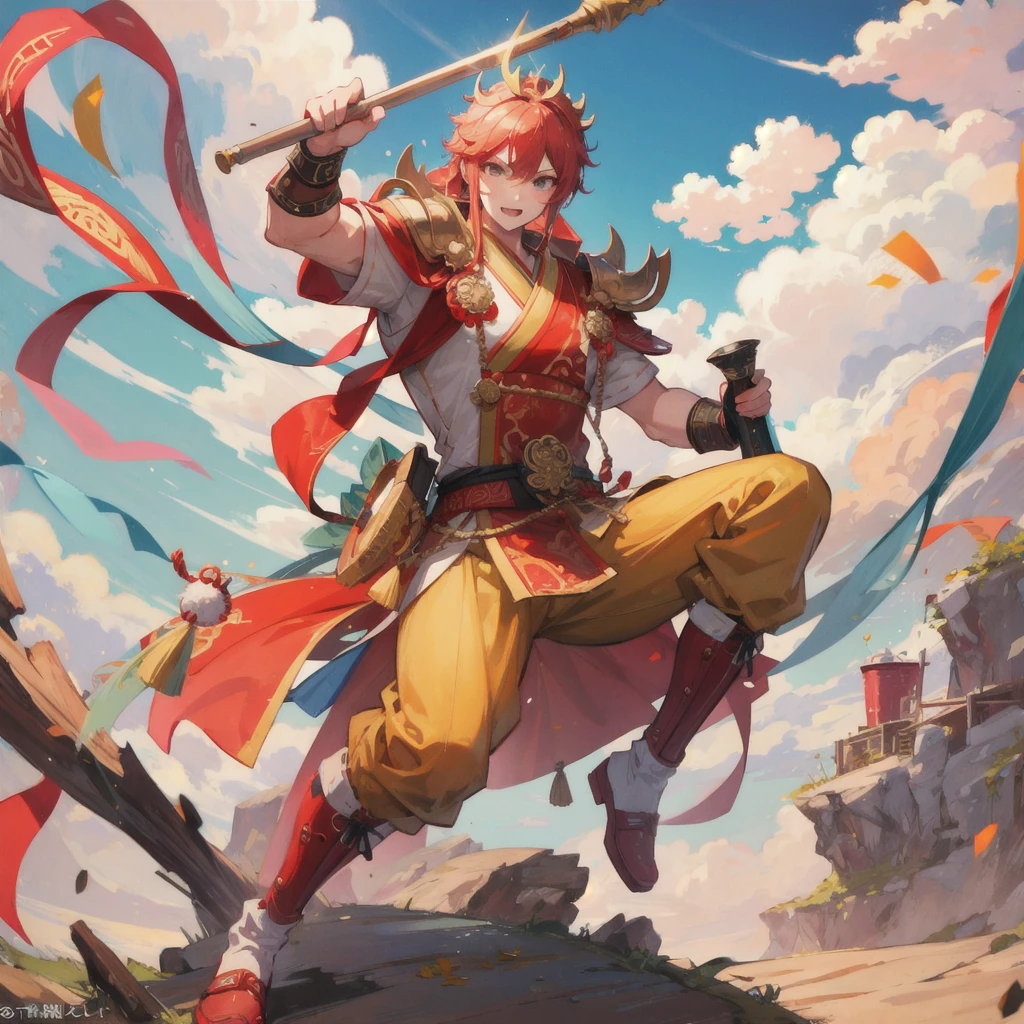 The Monkey King，Sun Wukong，一只monkey拿着一根棒子，monkey，armor，Golden Cudgel，Clouds
