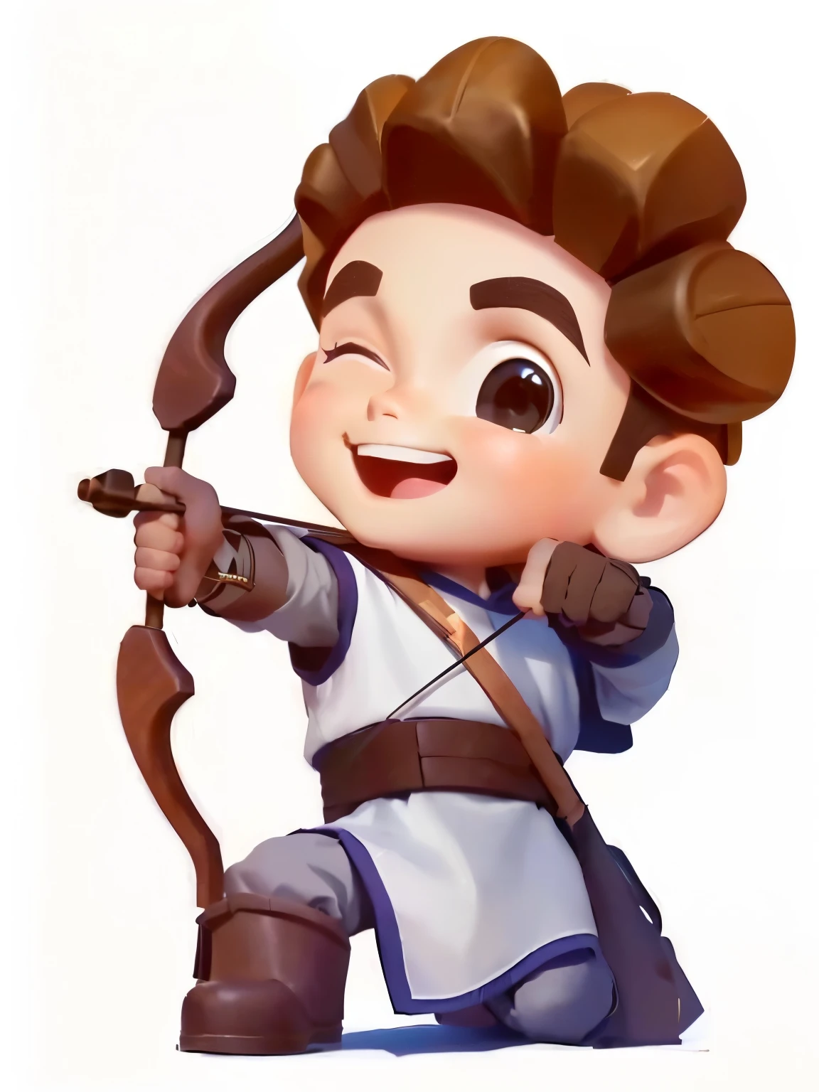 A little boy pulling a bow and arrow，Get down on one knee，holding a bow and arrow in his hands，Wearing a helmet on the head，Archery Clothing，Must wear a helmet，Handsome clothes，One eye closed，cute，Smile，8K，High-definition quality，Super Detail，Finger details，Clothing details，Martin boots，Shoes with shadow