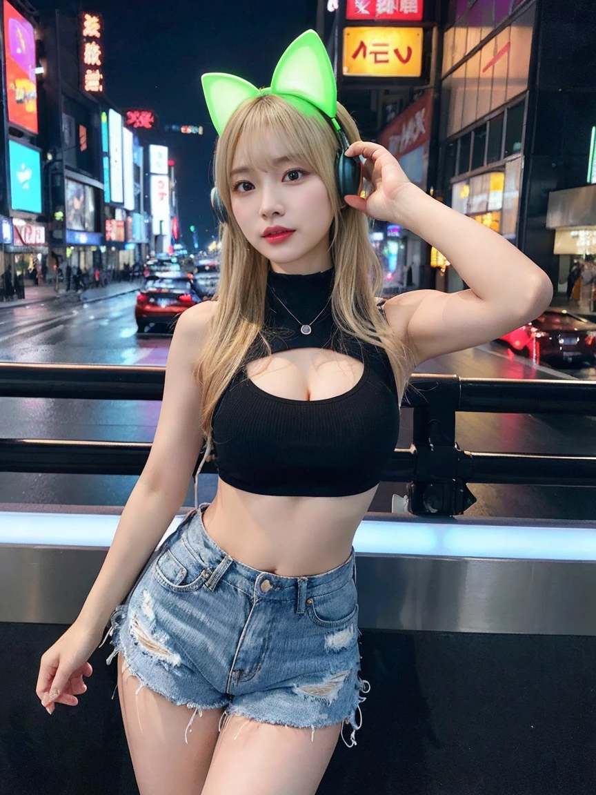 最high quality, masterpiece, 32k、Very detailed、Realistic、1 girl, Japanese women、Cute Face, (photo Actual:1.3),Bob Hair(Golden hair color、Blonde Hairstyles)、Edge lighting, (Skin with attention to detail:1.2), 8k超High resolution, Single-lens reflex camera, high quality, High resolution, 4K, 8k, Optimal ratio of four fingers to one thumb, (Actual:1.3), cute 1 girl, Realistic、Super Realistic、32k、Very detailed、masterpiece, 最high quality, beautiful girl, beauty、Mecha, Beautiful lighting, (Neon Light:1.2), (night:1.5), Sexy K-Pop Idol Costumes、Sexy and attractive sleeveless clothing、Shorts、Big Breasts(big 、There is a valley)、Cat ears microphone headphones(Headphones Gaming Headgear with Mic、Head Fan)、Are standing、Cyber Neon、Future City、Skyscraper、都会のnight、Shanghai、big cities、night景、綺麗なnight景
