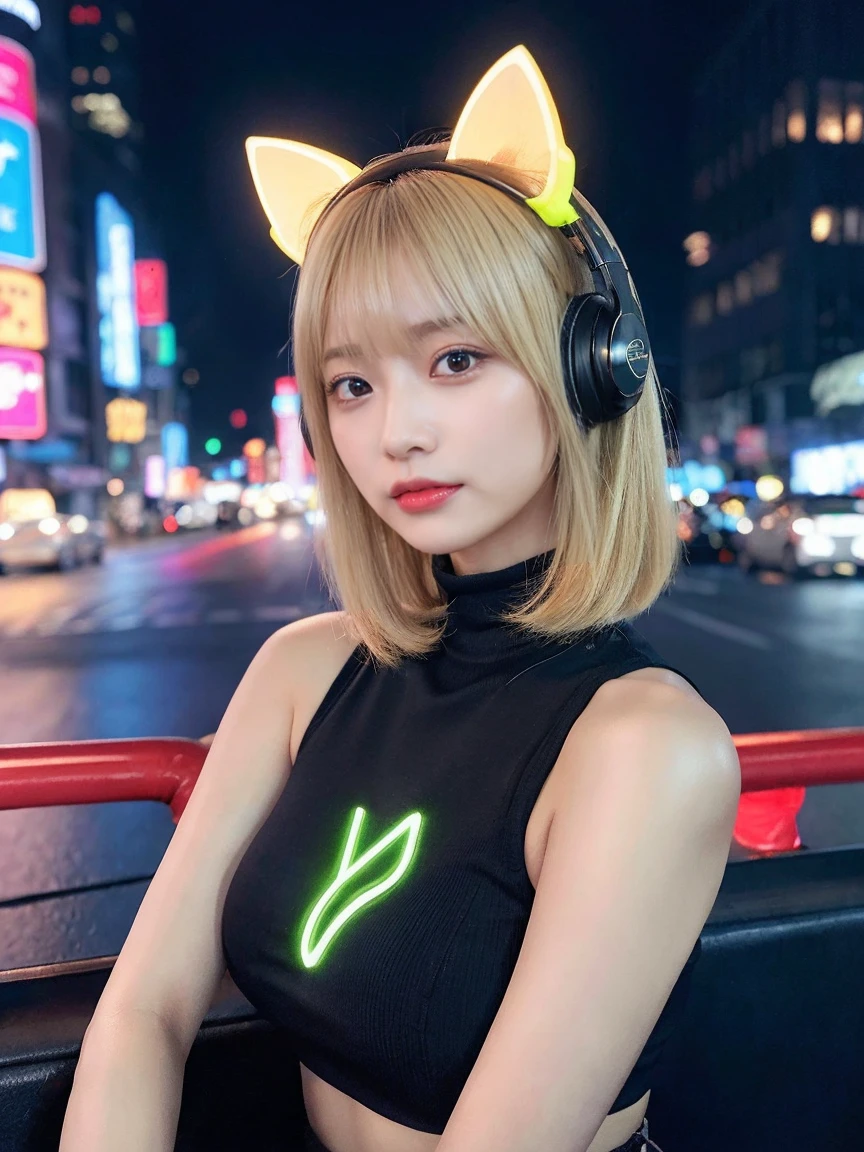 最high quality, masterpiece, 32k、Very detailed、Realistic、1 girl, Japanese women、Cute Face, (photo Actual:1.3),Bob Hair(Golden hair color、Blonde Hairstyles)、Edge lighting, (Skin with attention to detail:1.2), 8k超High resolution, Single-lens reflex camera, high quality, High resolution, 4K, 8k, Optimal ratio of four fingers to one thumb, (Actual:1.3), cute 1 girl, Realistic、Super Realistic、32k、Very detailed、masterpiece, 最high quality, beautiful girl, beauty、Mecha, Beautiful lighting, (Neon Light:1.2), (night:1.5), Sexy K-Pop Idol Costumes、Sexy and attractive sleeveless clothing、Shorts、Big Breasts(big 、There is a valley)、Cat ears microphone headphones(Headphones Gaming Headgear with Mic、Head Fan)、Are standing、Cyber Neon、Future City、Skyscraper、都会のnight、Shanghai、big cities、night景、綺麗なnight景