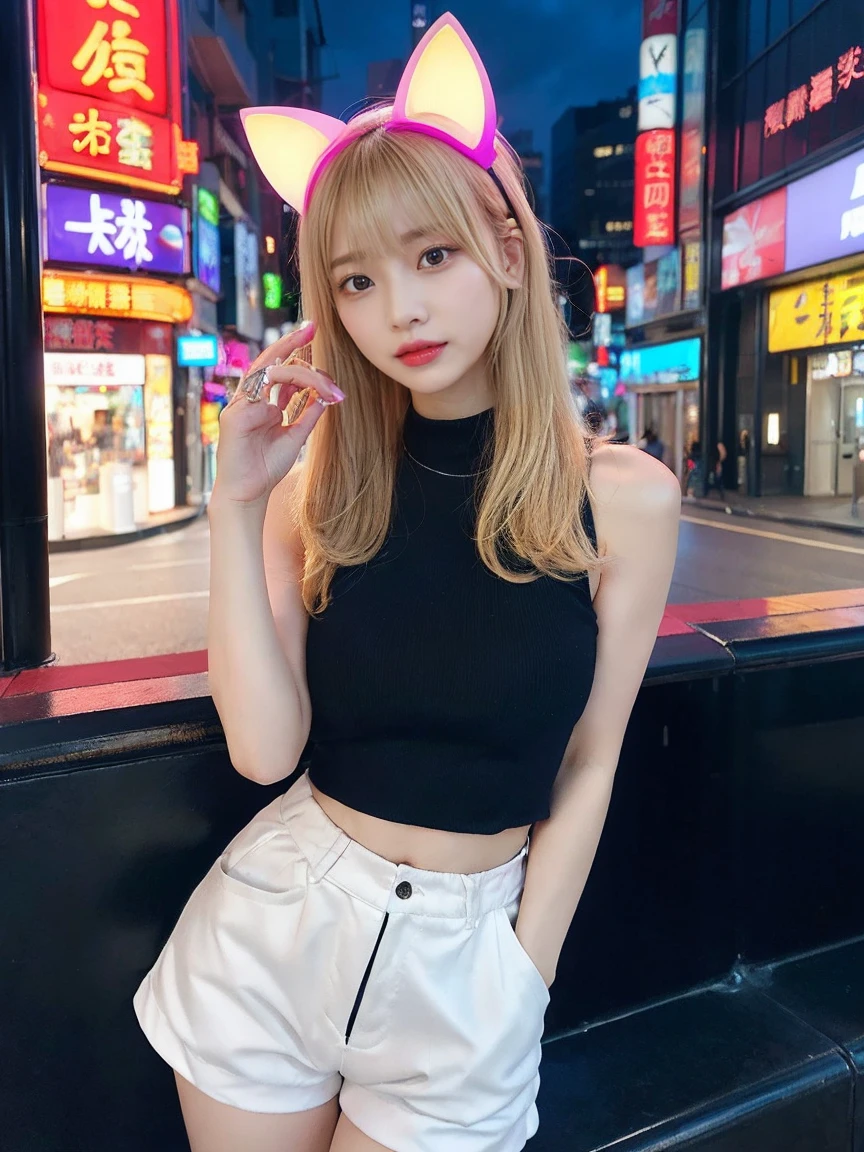 最high quality, masterpiece, 32k、Very detailed、Realistic、1 girl, Japanese women、Cute Face, (photo Actual:1.3),Bob Hair(Golden hair color、Blonde Hairstyles)、Edge lighting, (Skin with attention to detail:1.2), 8k超High resolution, Single-lens reflex camera, high quality, High resolution, 4K, 8k, Optimal ratio of four fingers to one thumb, (Actual:1.3), cute 1 girl, Realistic、Super Realistic、32k、Very detailed、masterpiece, 最high quality, beautiful girl, beauty、Mecha, Beautiful lighting, (Neon Light:1.2), (night:1.5), Sexy K-Pop Idol Costumes、Sexy and attractive sleeveless clothing、Shorts、Big Breasts(big 、There is a valley)、Cat ears microphone headphones(Headphones Gaming Headgear with Mic、Head Fan)、Are standing、Cyber Neon、Future City、Skyscraper、都会のnight、Shanghai、big cities、night景、綺麗なnight景