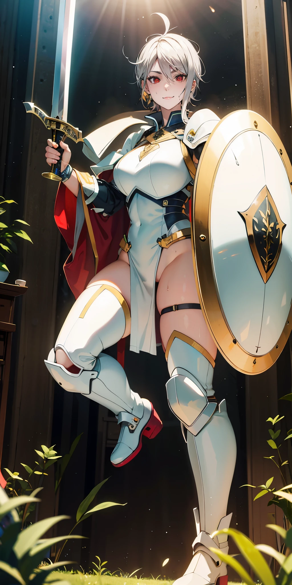 (short hair, silver hair:1.3), red eyes, pale skin, muscular female, anatomically correct, mature female, curvy, huge breasts,  sweating, glowing eyes, heavy breathing, edgHalo_armor, power armor, wearing edgHalo_armo, horizon, dusk, lens flare, field, holding sword, shield