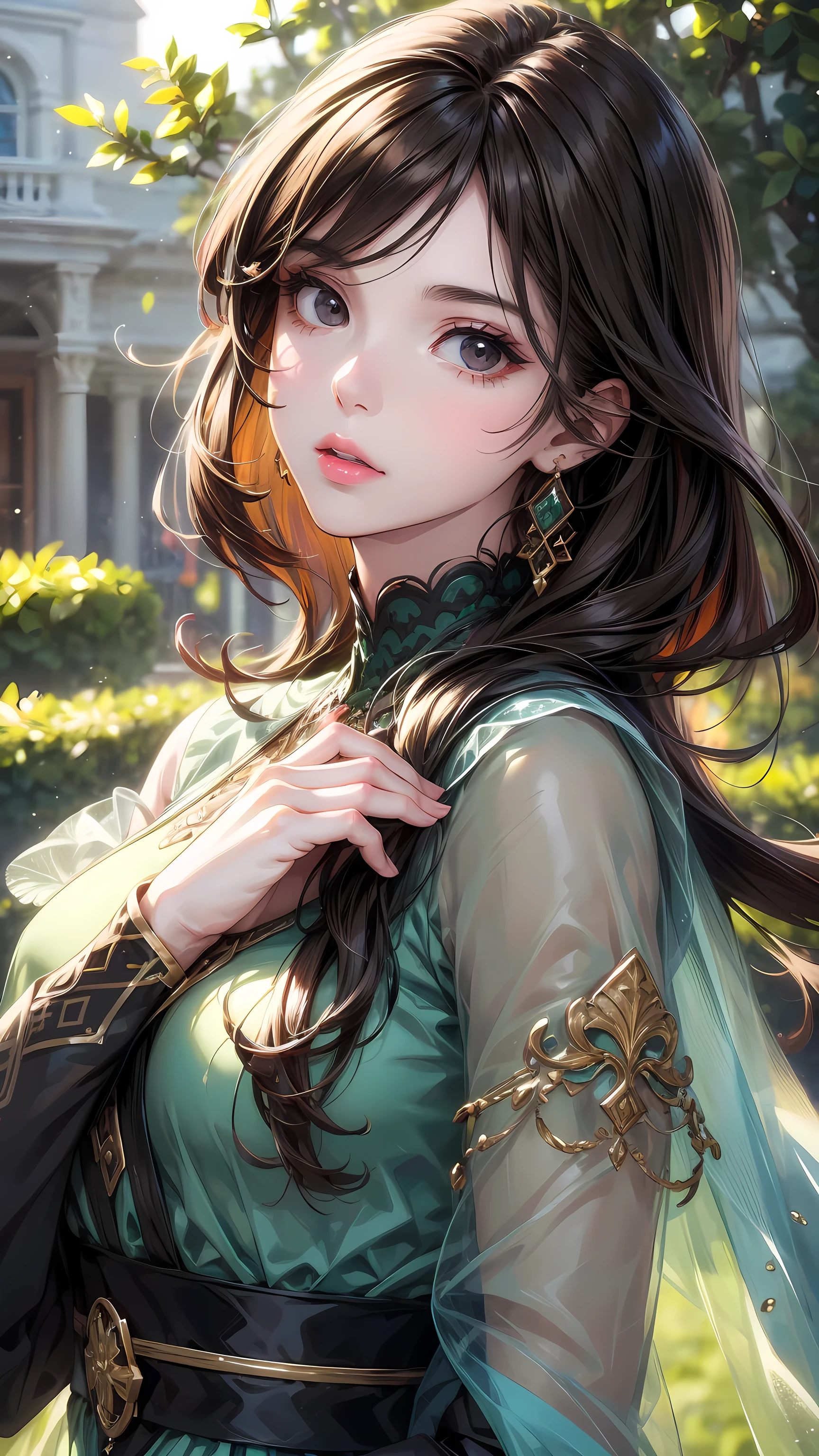 1 person, green roof, Dark brown hair, Multicolored Glass, Brilliant colors, masterpiece, best quality, delicate eyes, Detailed lips, Detailed clothes, (black eyes: 1.2), very realistic face,