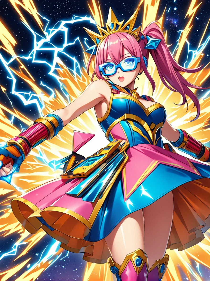 1girl, solo, Lightning energy,Electricity elements,Double ponytail,Love tiara,Wearing heart eye glasses,Blue Highlight Lightning,Wearing a bright pink and orange dress,High heel boots,Holding an electric love stick,Space starry sky background,Galactic battleship,Fighting Stance,Explosion,Best quality,Original,whole body,Cartoon Style,Vector illustration,Smooth and clear brushstrokes,precise,Anime Illustrations,Super Detail,Anatomically correct,masterpiece, 1djxz1