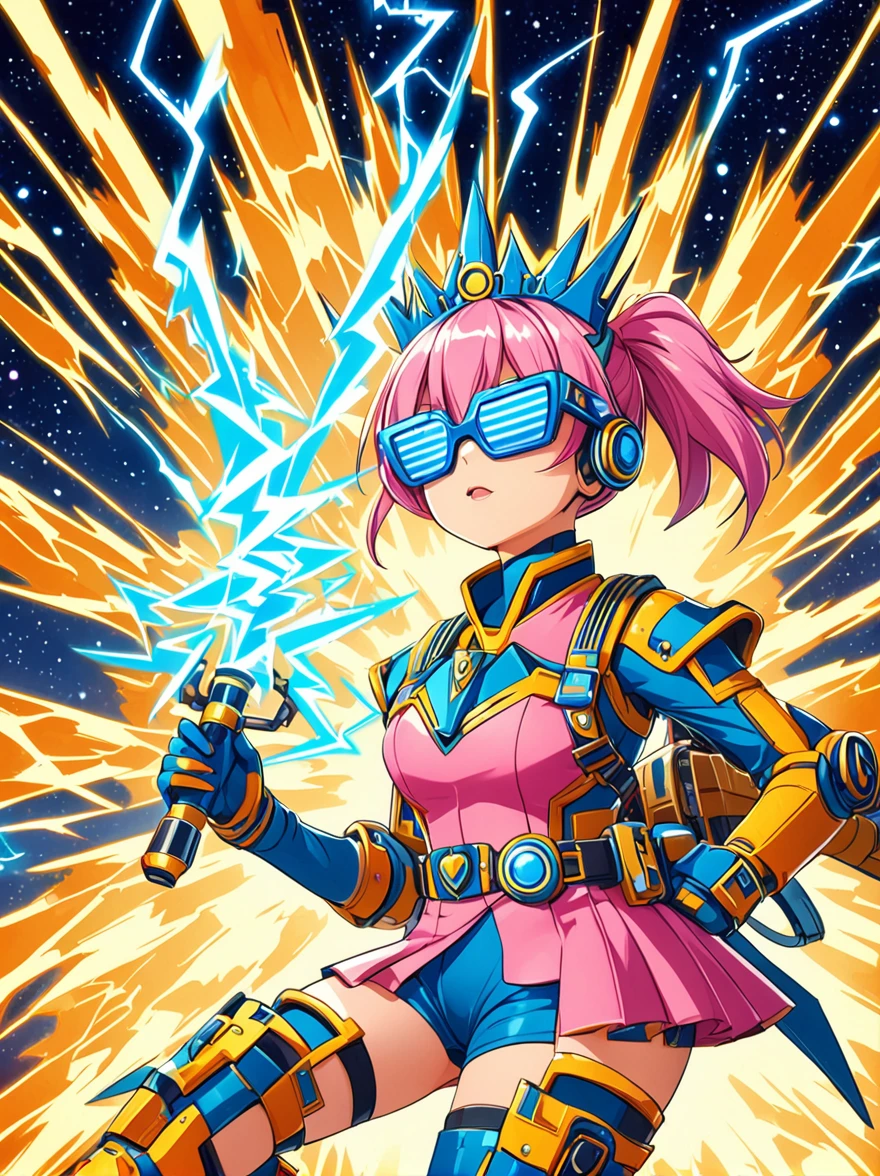 1girl, solo, Lightning energy，Electricity elements，Double ponytail，Love tiara，Wearing heart eye glasses，Blue Highlight Lightning，Wearing a bright pink and orange dress，High heel boots，Holding an electric love stick，Space starry sky background，Galactic battleship，Fighting Stance，Explosion，Best quality，Original，whole body，Cartoon Style，Vector illustration，Smooth and clear brushstrokes，precise，Anime Illustrations，Super Detail，Anatomically correct，masterpiece, 1djxz1