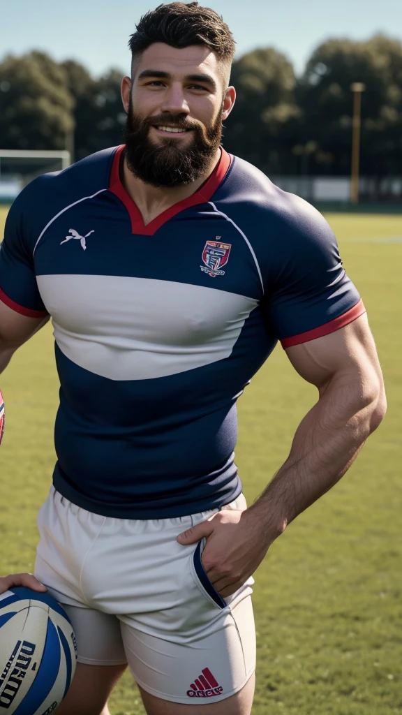 1 pale man rugby player ,Full body, rugby player, sport brighter pants, hard on bulge, rugby esportive uniform, Black hair fade , captivating alluring large eyes, beard European 30yo man smile, (High shadow detail), wearing Calvin Klein rugby brands uniform, muscular chest, strong long legs, left neck look, neck tattoo, large mouth, Wide shoulders, nice detailed hands, field rugby bokeh background, colorful vivid colors.