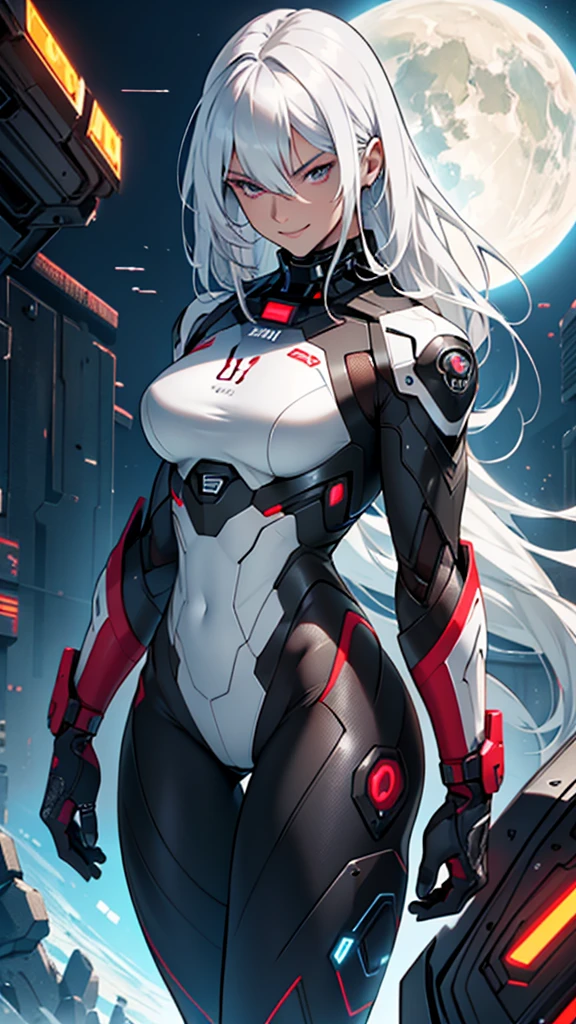 Beautiful cybernetic girl in black-mobile-cybernetic-battle-suit detailed muscles realistic masterpieces full figure pose (best quality,ultra-detailed), white-haired girl, maroon eyes, long hair, fair skin, fit body, slim figure, narrow waist, large buttocks, (confident expression), space between thighs, confident smile expression