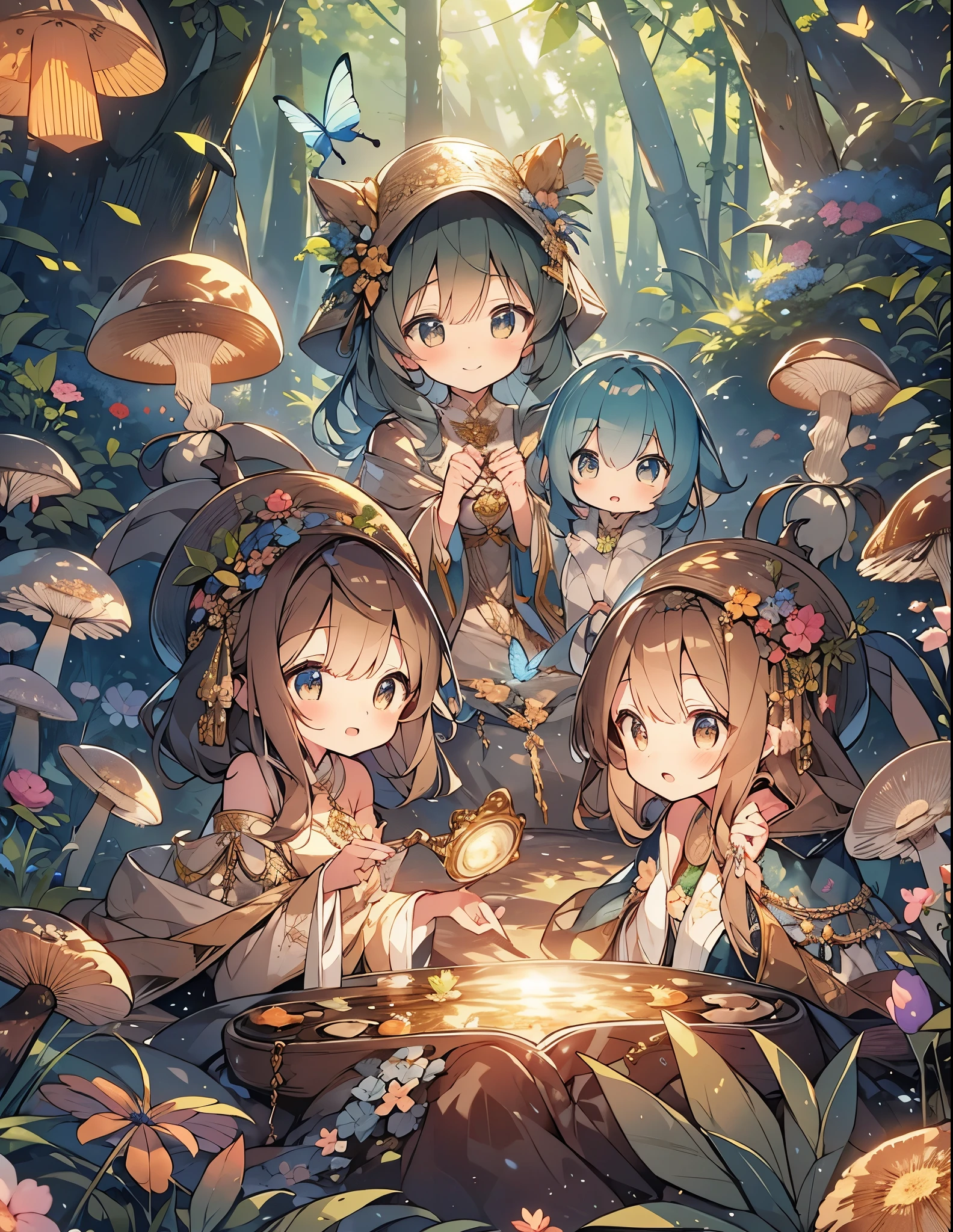 a high quality detailed illustration of seven cute chibi style anime girls in a magical forest scene, beautiful atmospheric lighting with lens flare, pale soft color tones, masterpiece, highly detailed, intricate, (best quality,8k,highres,masterpiece:1.2),ultra-detailed,(realistic:1.37),highly detailed faces with beautiful eyes, noses and lips, beautiful costumes, whimsical poses, detailed forest environment with lush greenery, flowers, mushrooms, butterflies, warm lighting, fantasy, magical realism