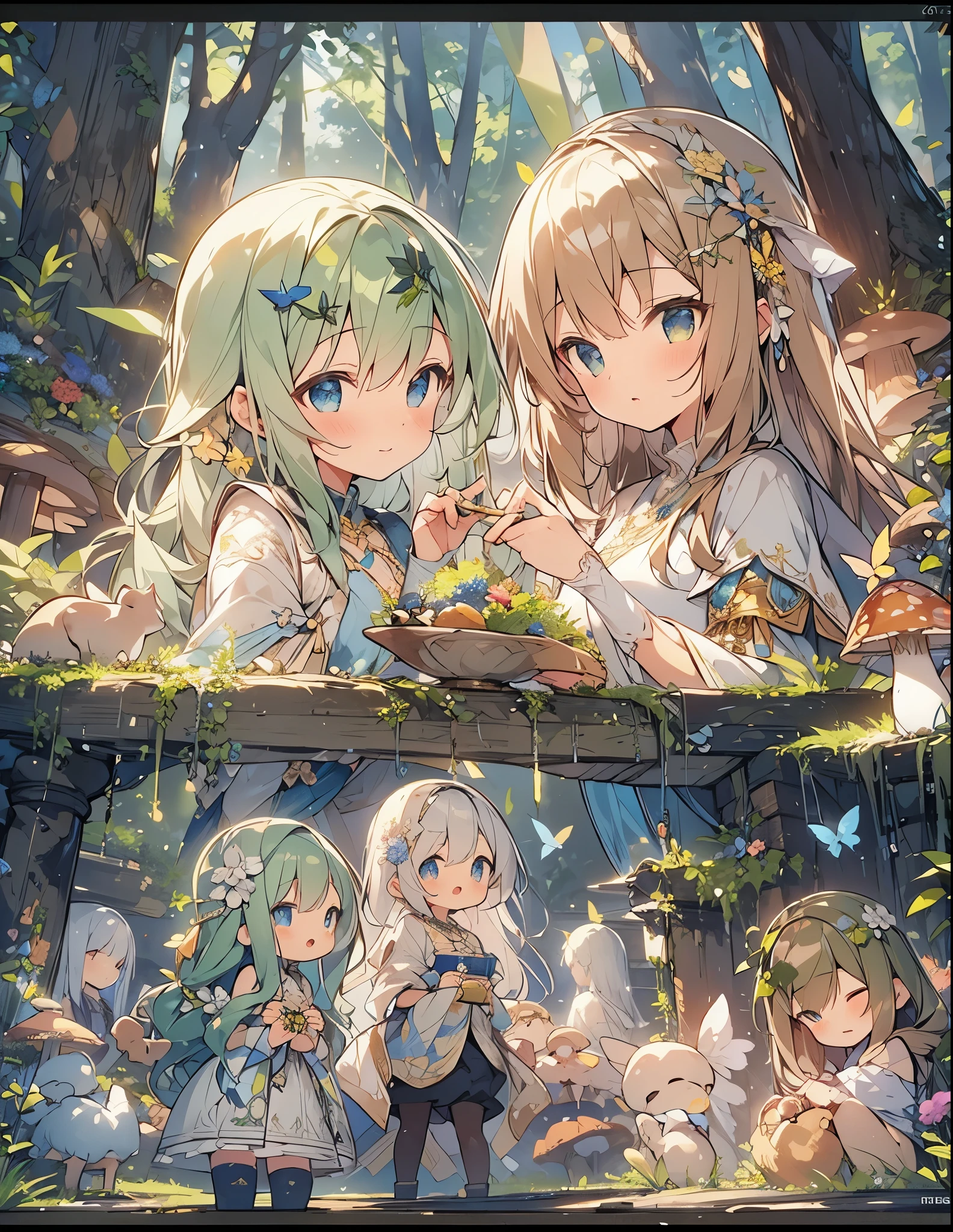 a high quality detailed illustration of seven cute chibi style anime girls in a magical forest scene, beautiful atmospheric lighting with lens flare, pale soft color tones, masterpiece, highly detailed, intricate, (best quality,8k,highres,masterpiece:1.2),ultra-detailed,(realistic:1.37),highly detailed faces with beautiful eyes, noses and lips, beautiful costumes, whimsical poses, detailed forest environment with lush greenery, flowers, mushrooms, butterflies, warm lighting, fantasy, magical realism