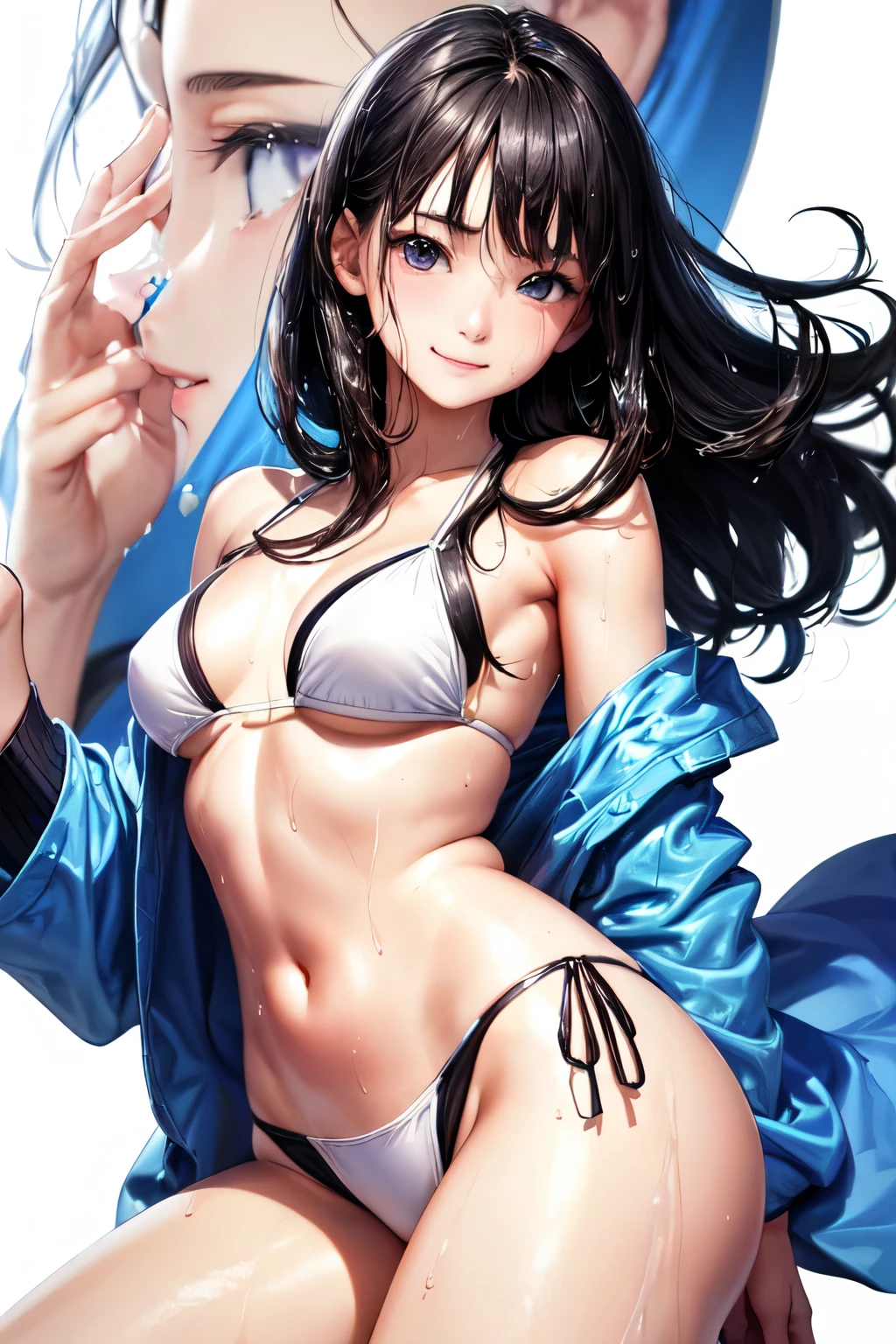 masterpiece、Anime Art、highest quality, masterpiece, (Realistic:1.2), 1 girl, (high resolution、whole body、17-year-old beautiful girl、165㎝、Long black hair down to the waist、Shining black eyes、Round eyes、Thick eyebrows、Small Mouth、端正でbeautiful、cute、Wet white bikini、、No makeup、Shy smile、, [(Transparent Background:1.5)::5], (((masterpiece))), (((highest quality))),(((Very detailed))), One girl, Mystical eyes, Super detailed, A light smile, Very detailedな顔, beautiful, The finer details, Super detailed, highest quality, 8k, Talked about at the art station, Excellent anatomy, beautiful lighting,、color々Pause、Wet Hair、Your body is wet、sweating、
