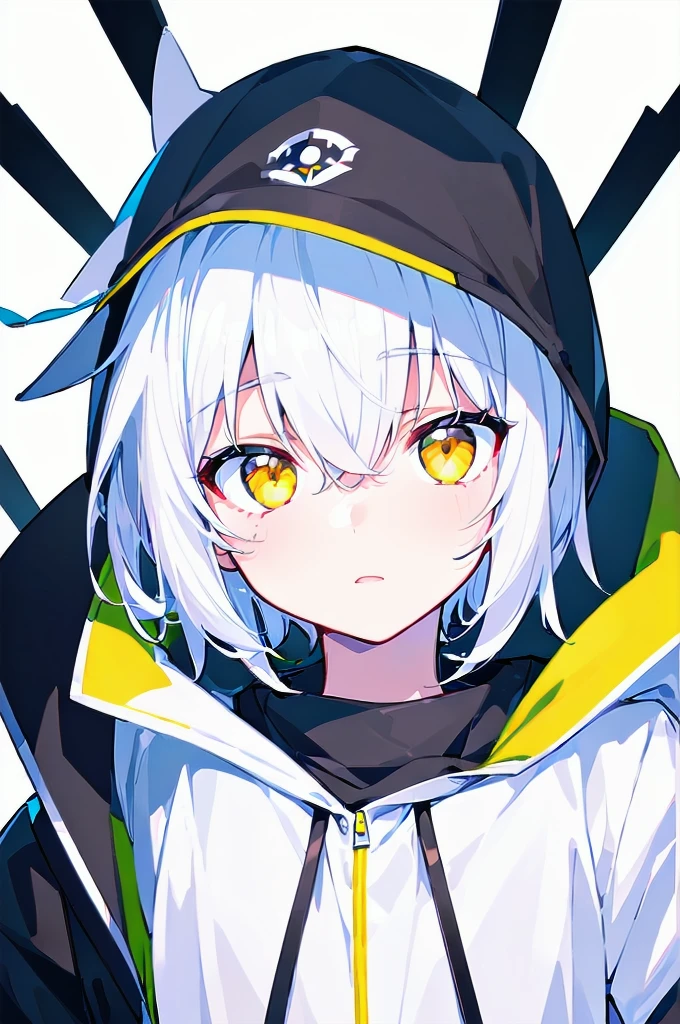 [(WHITE BACKGROUND:1.5),::5], ((((masterpiece)))), high quality, ultra_very_high_resolution, large_filesize, full color, (((solo))), ((little boy)), ((((white color short hair)))), yellow eyes, anime, upper body, neon light, black parka,