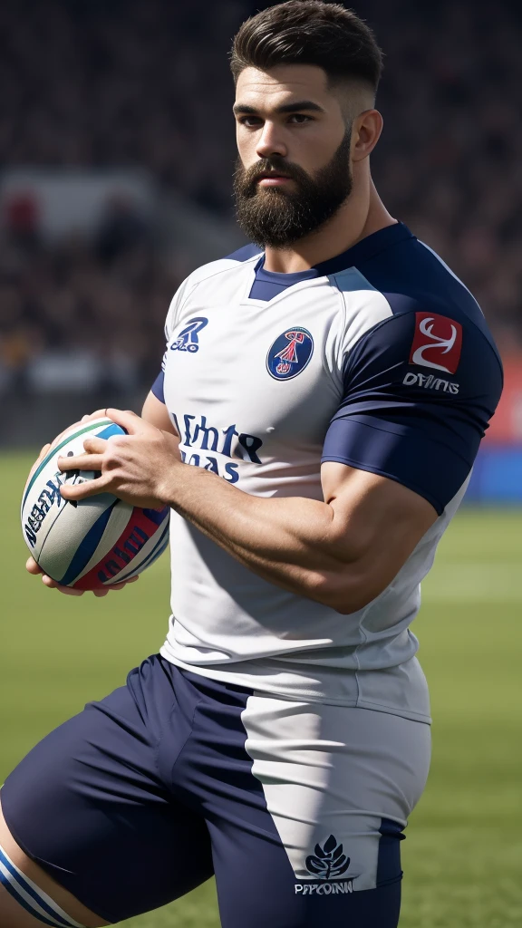 1 pale man rugby player ,Full body, no teeth smile, rugby player, sport brighter pants, hard on bulge, rugby esportive uniform, Black hair fade , captivating alluring large eyes, beard European 30yo man, (High shadow detail), wearing Paris Saint-Germain  rugby brands uniform, muscular chest, strong long legs, left neck look, neck tattoo, large mouth, Wide shoulders, nice detailed hands, field rugby bokeh background, colorful vivid colors.