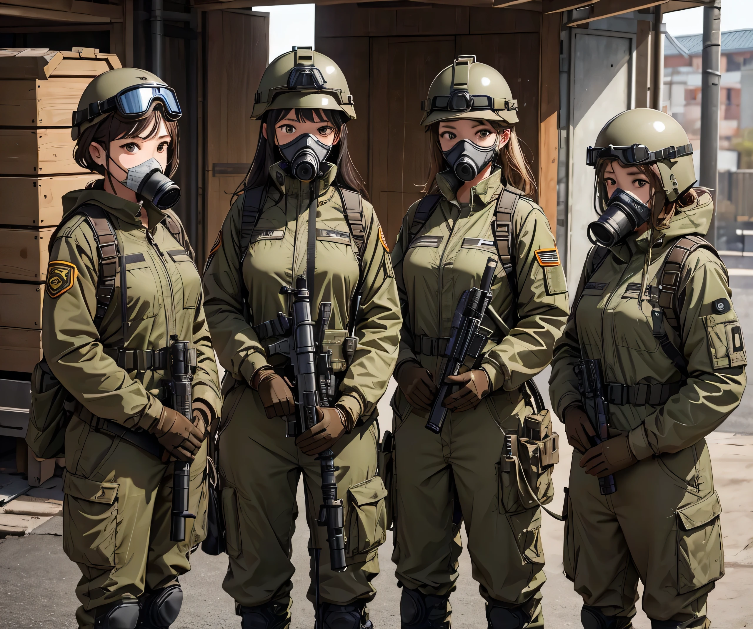 Four female soldiers wearing brown helmets stand guard、Same height、Wearing a gas mask、Wear goggles、Wearing brown M-51 military uniform、Write details、masterpiece、best quality、Highly detailed CG、8K picture quality