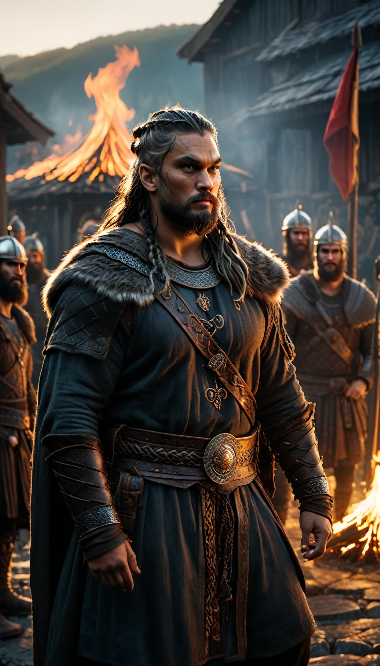 As the sun began to set, The warm golden hues of the sun illuminated his ornate attire, a group of men chained around a fire with flames in the background, long braided viking beard, barba viking, an epic viking battle scene, estilo viking, fire behind him, de witcher (2021), Efeitos visuais impressionantes, Messi como um viking, Cultura Viking, barba grisalha, jason momoa as assyrian, Directed by: Marcin Zaleski, background dark, hyper realistic, ultra detailed hyper realistic, photorealistic, Studio Lighting, in screenshot from the 300 movie, reflections, dynamic pose, Cinematic, Color Grading, Photography, Shot on 50mm lens, Overhead shot, Depth of Field, hyper-detailed, beautifully color, 8k,