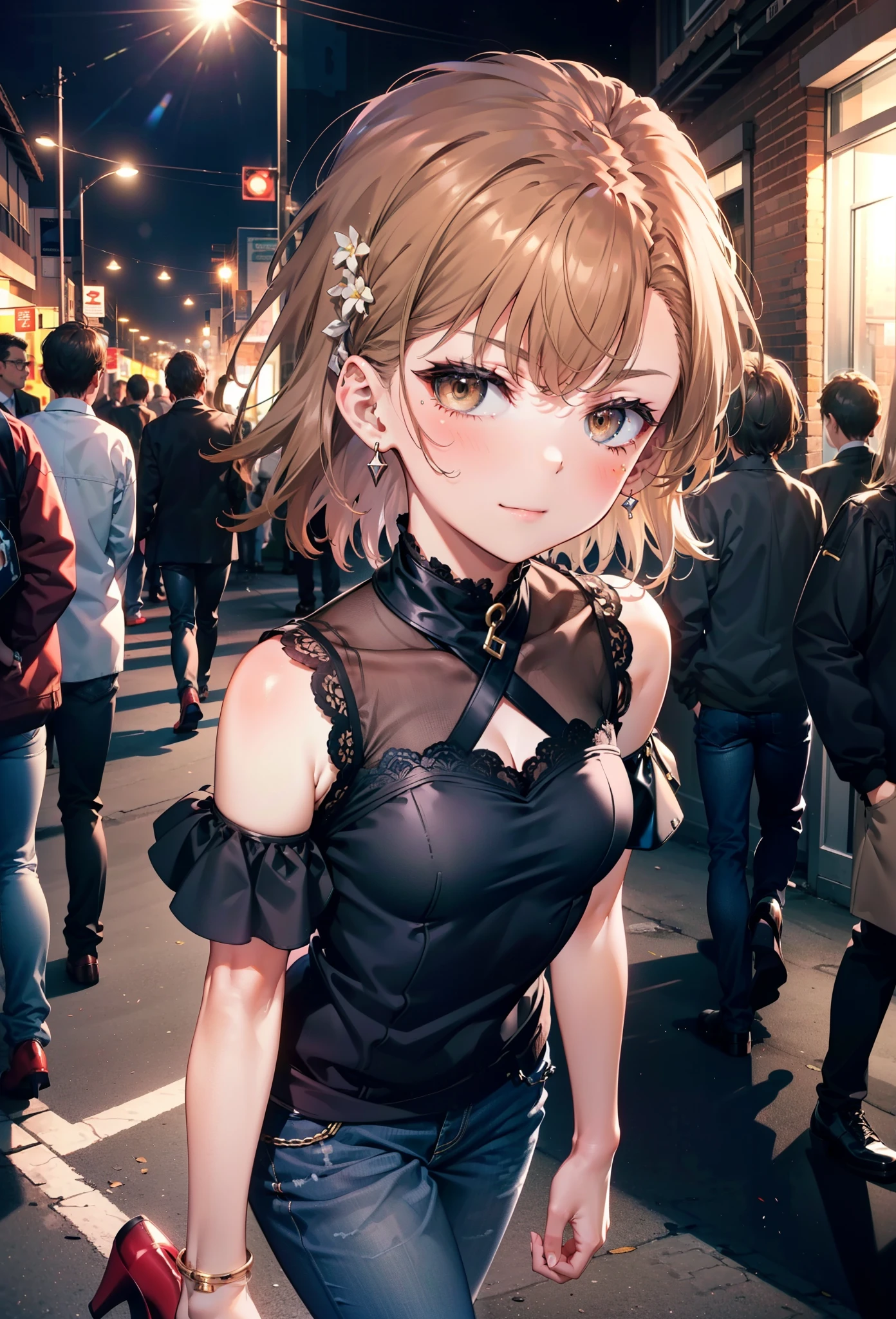 8k,highest quality,masterpiece,(((Pixel Perfect, 細部まin完璧))), 一people々in, 女の子1people々, Mycotrose, Brown eyes,Brown Hair,short hair,blush,Cold shoulder tops,Short sleeve,Skinny jeans,Stiletto heels,happy smile, smile, Open your mouth,whole bodyがイラストに入るように,Walking,night,Looking down from above,
break outdoors, Residential Street,crowd, people々々々々々,
break looking at viewer, whole body, 
break (masterpiece:1.2), highest quality, High resolution, unity 8k wallpaper, (shape:0.8), (Beautiful details:1.6), Highly detailed face, Perfect lighting, Highly detailed CG, (Perfect hands, Perfect Anatomy),