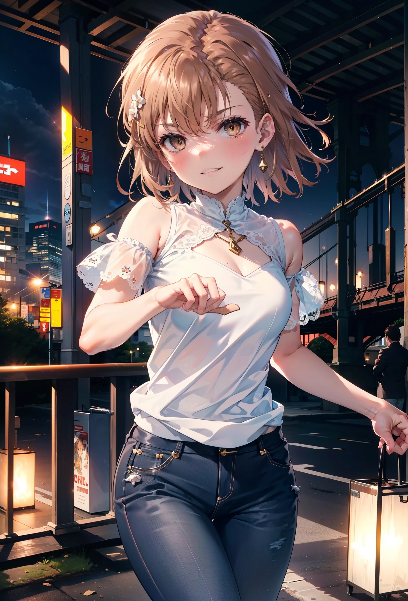 8k,highest quality,masterpiece,(((Pixel Perfect, 細部まin完璧))), 一people々in, 女の子1people々, Mycotrose, Brown eyes,Brown Hair,short hair,blush,Cold shoulder tops,Short sleeve,Skinny jeans,Stiletto heels,happy smile, smile, Open your mouth,whole bodyがイラストに入るように,Walking,night,Looking down from above,
break outdoors, Residential Street,crowd, people々々々々々,
break looking at viewer, whole body, 
break (masterpiece:1.2), highest quality, High resolution, unity 8k wallpaper, (shape:0.8), (Beautiful details:1.6), Highly detailed face, Perfect lighting, Highly detailed CG, (Perfect hands, Perfect Anatomy),