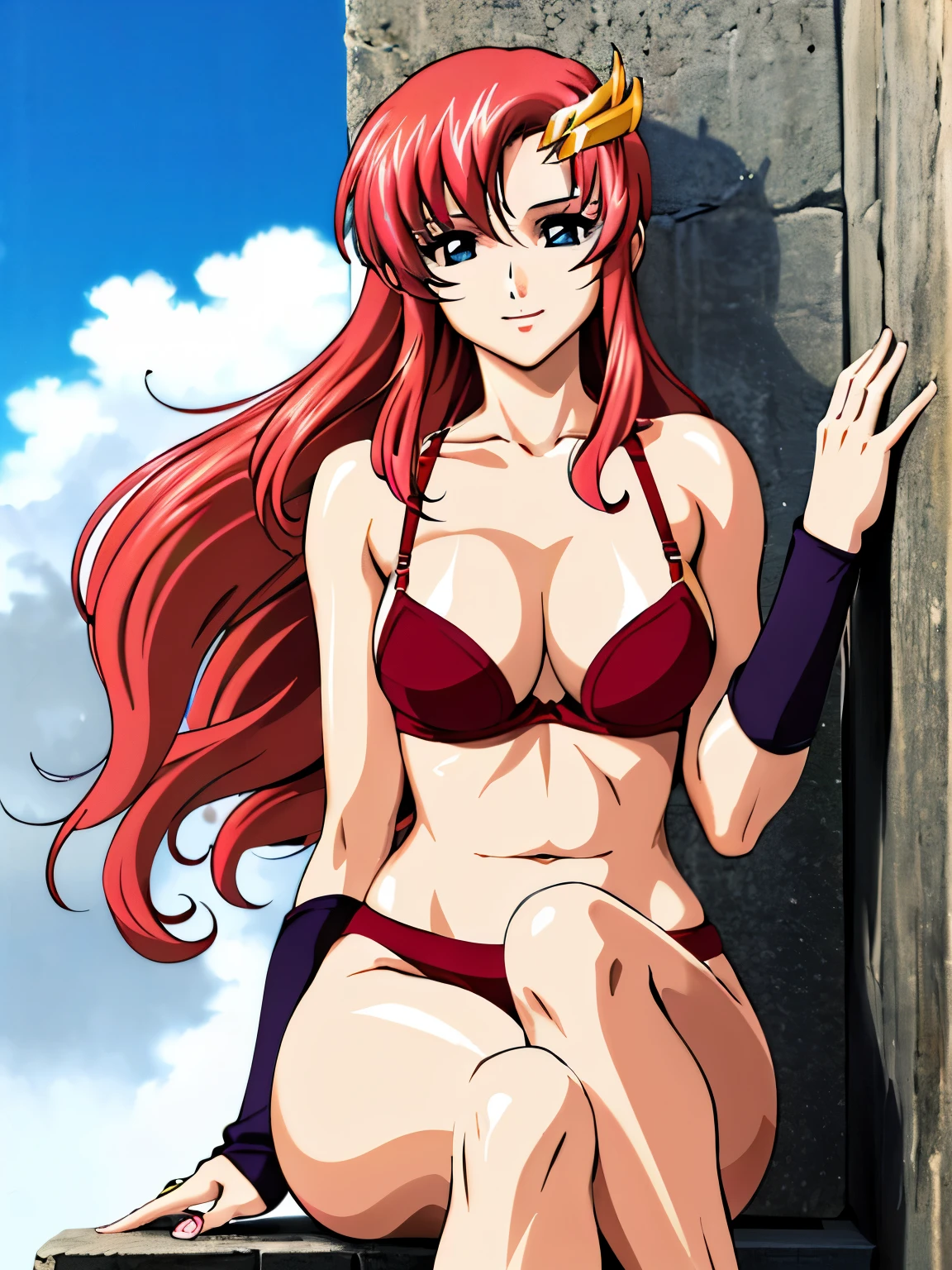 lacus4, (red bikini, running, mini thong, thin girl, masterpiece, cowboy shot, very slim shoulders, 4K, Best Quality, Anime style: 1.9, happy, Adult Woman, (ultra detailed head, ultra detailed head), (Crowd, cloud background), Drawing lines, high resolution, lacus4), 1girl, Solo, curvy figure, clavicle, scapular, (Detailed wide hair bangs, Hair Ornament, Detailed reddish-pink hair, shiny streaks, slim arms, detailed golden crest), cleavage, large hands, (hair cover shoulders). (Big blue eyes, shiny eyes), ((female wrestler, (slim body), slim arms, SITTING on wall, thighs, crossed legs)), ((perfect proportions, medium-small breasts, medium thighs, long belly, pale skin)), ((totally red bra, red arm band, red arm band)), smile with a wink, (standing, hot colors), detailed fingers, (bare shoulders)
