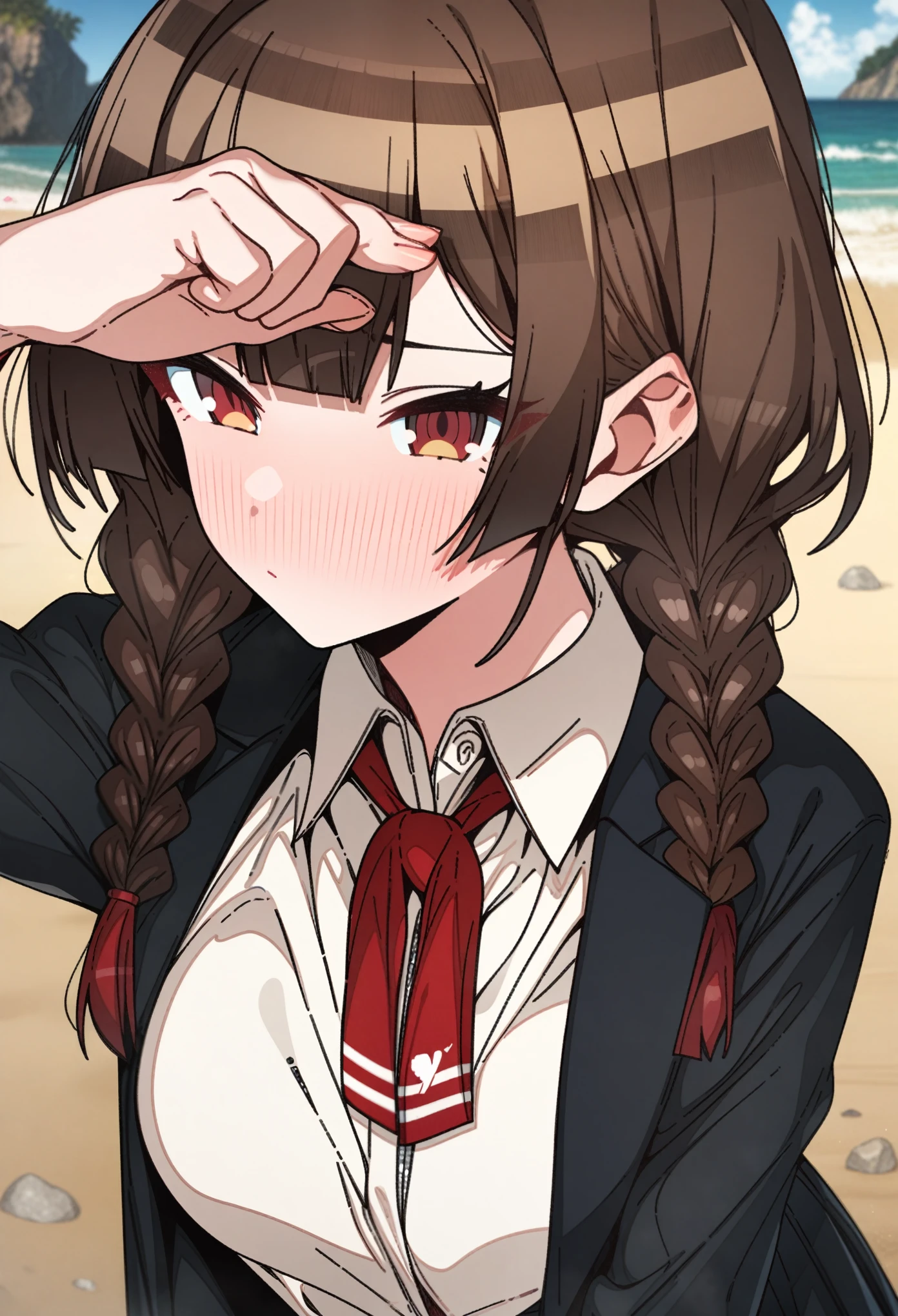 houshou_marine with brown hair and brown eyes, Artist, erere, Copyrights, idolmaster, idolmaster_shiny_colors, Character, General, 1girl, brown_hair, blunt_bangs, blush, medium_breasts, breasts, detailed eyelashes, beatiful girl:1, brown_eyes, censored, school_uniform, black pleated skirt, black blazer, white shirt, red tie, twin_braids, :|:0.5, (full_body) (standing in middle, beach, rocks), sky:0.7, half-closed_eyes, detailed, sand, outdoors, from_side, looking_at_viewer, masterpiece, best_quality, great_quality, girl, solo, center_composition, centered character, cute, rubbing_eyes, sleepy
