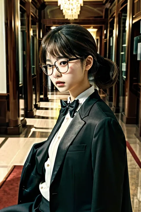 highest quality、masterpiece、high sensitivity、high resolution、one woman、glasses、in a suit