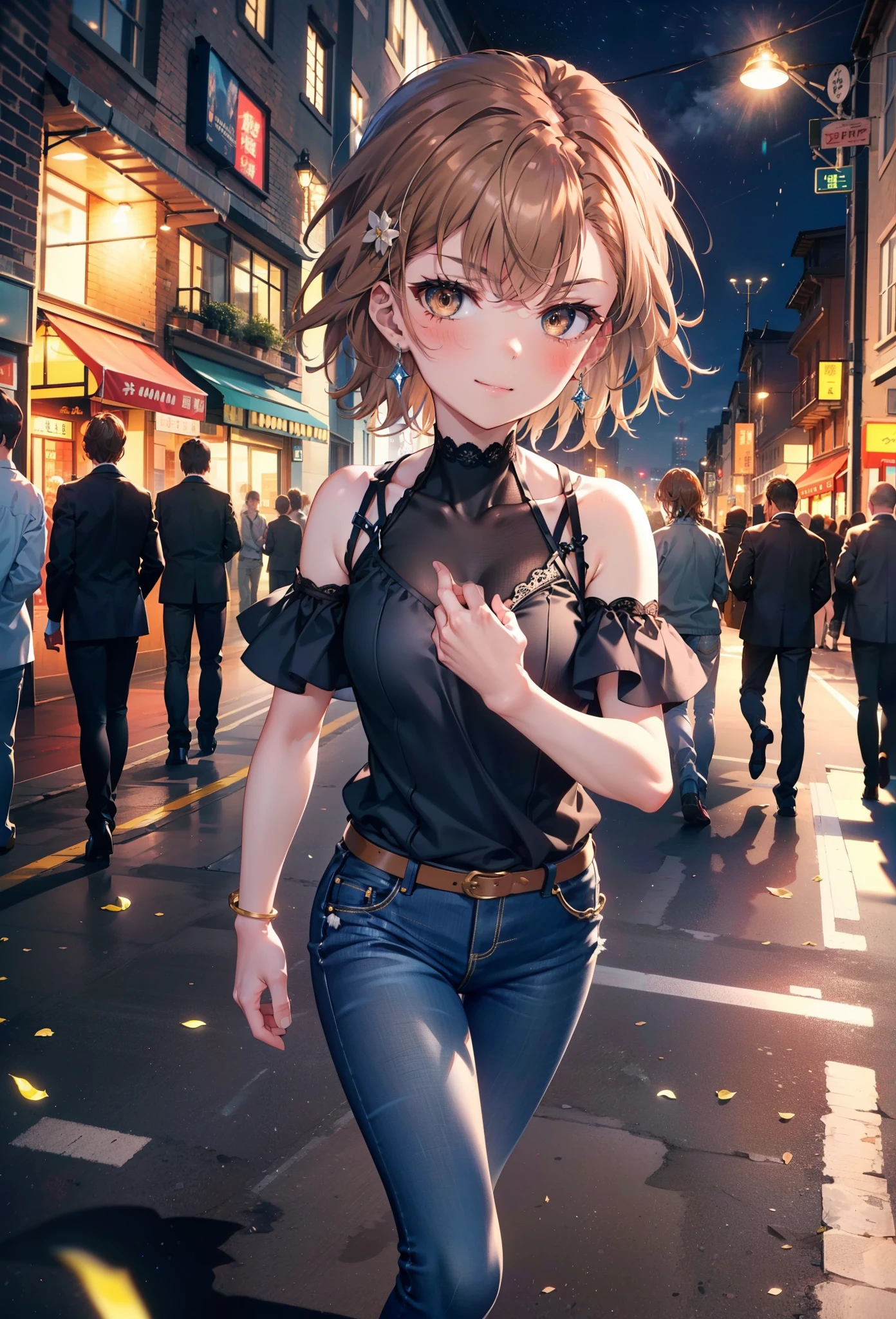 8k,highest quality,masterpiece,(((Pixel Perfect, 細部まin完璧))), 一people々in, 1people々, Mycotrose, Brown eyes,Brown Hair,short hair,blush,Cold shoulder tops,Short sleeve,Skinny jeans,Stiletto heels,happy smile, smile, Open your mouth,whole bodyがイラストに入るように,Walking,night,Looking down from above,
break outdoors, Residential Street,crowd, people々々々々々,
break looking at viewer, whole body, 
break (masterpiece:1.2), highest quality, High resolution, unity 8k wallpaper, (shape:0.8), (Beautiful details:1.6), Highly detailed face, Perfect lighting, Highly detailed CG, (Perfect hands, Perfect Anatomy),