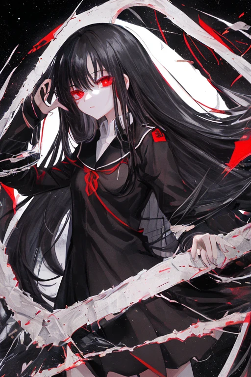 a little long black hair　Crystal clear red eyes　Simple uniform　