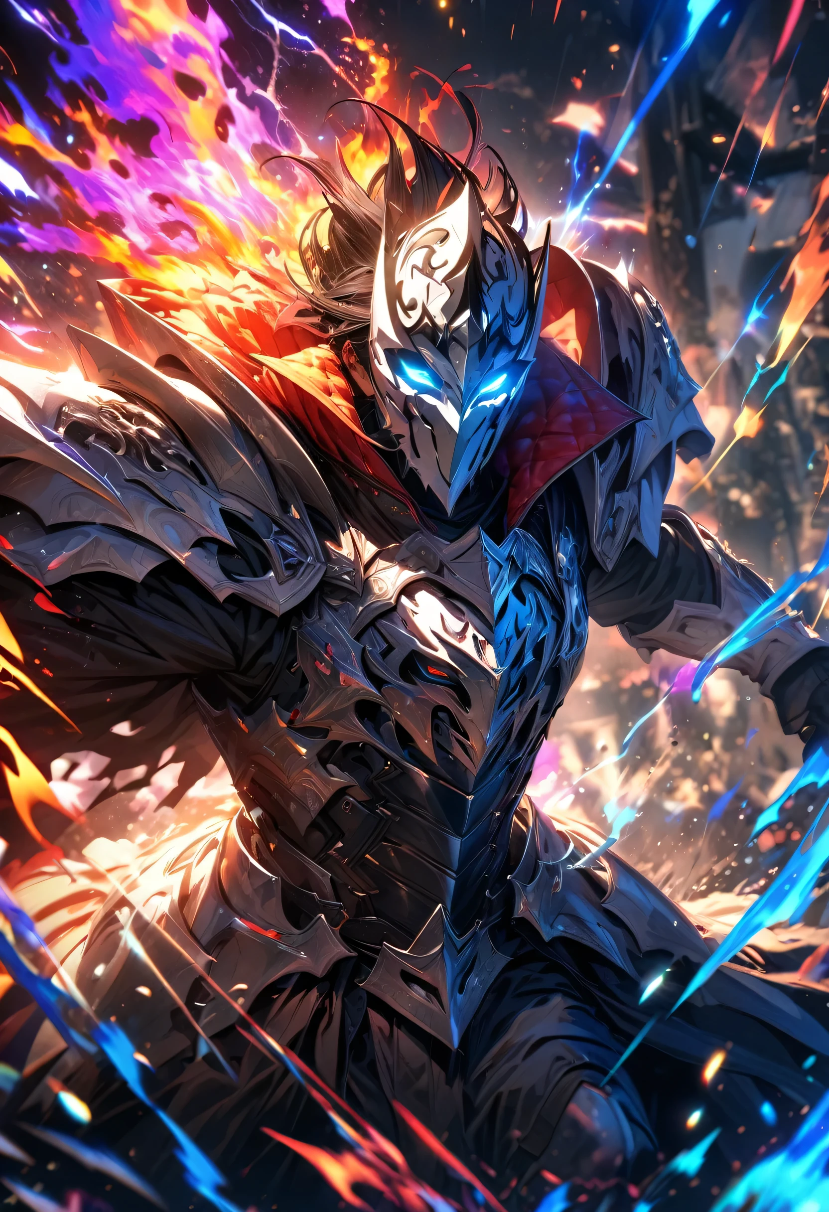 absurdres, highres, ultra detailed, HDR, masterpiece, extremely detailed face and eyes, White armor knight, Epic eyes mask,,colorful Black hair , , solo, ,man, handsome, , , Epic fight scene, colorful flames splashing effect,colorful lightning effect,glowing glitters