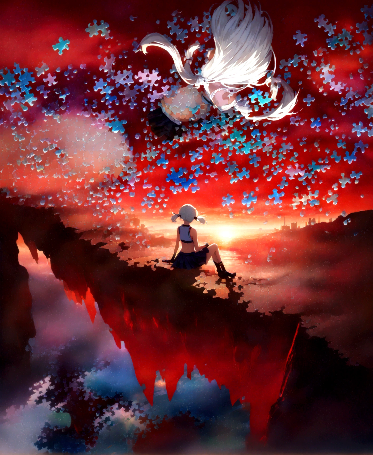 quality,(masterpiece:1.9),(details),((,best quality,)),//,(red theme:1.4),(red sky:1.7),(warning signal:1.2),cityscape,focus on sky,horizon,(,broken glass,broken sky:1.3),landscape,surreal elements,glitch,error message,(error,error data code:1.3),(glitch effect:1.3),(cyberpunk:1.5),shards,(puzzle:2.0),glass,broken glass,clear glass,shards of glass,broken glass shards,reflection,one girl,(sitting on edge of cliff),from behind,aerial view,,(short pigtails),(white hair:1.3),(crop top, gloves, skirt),(wide shot:1.4),mid shot