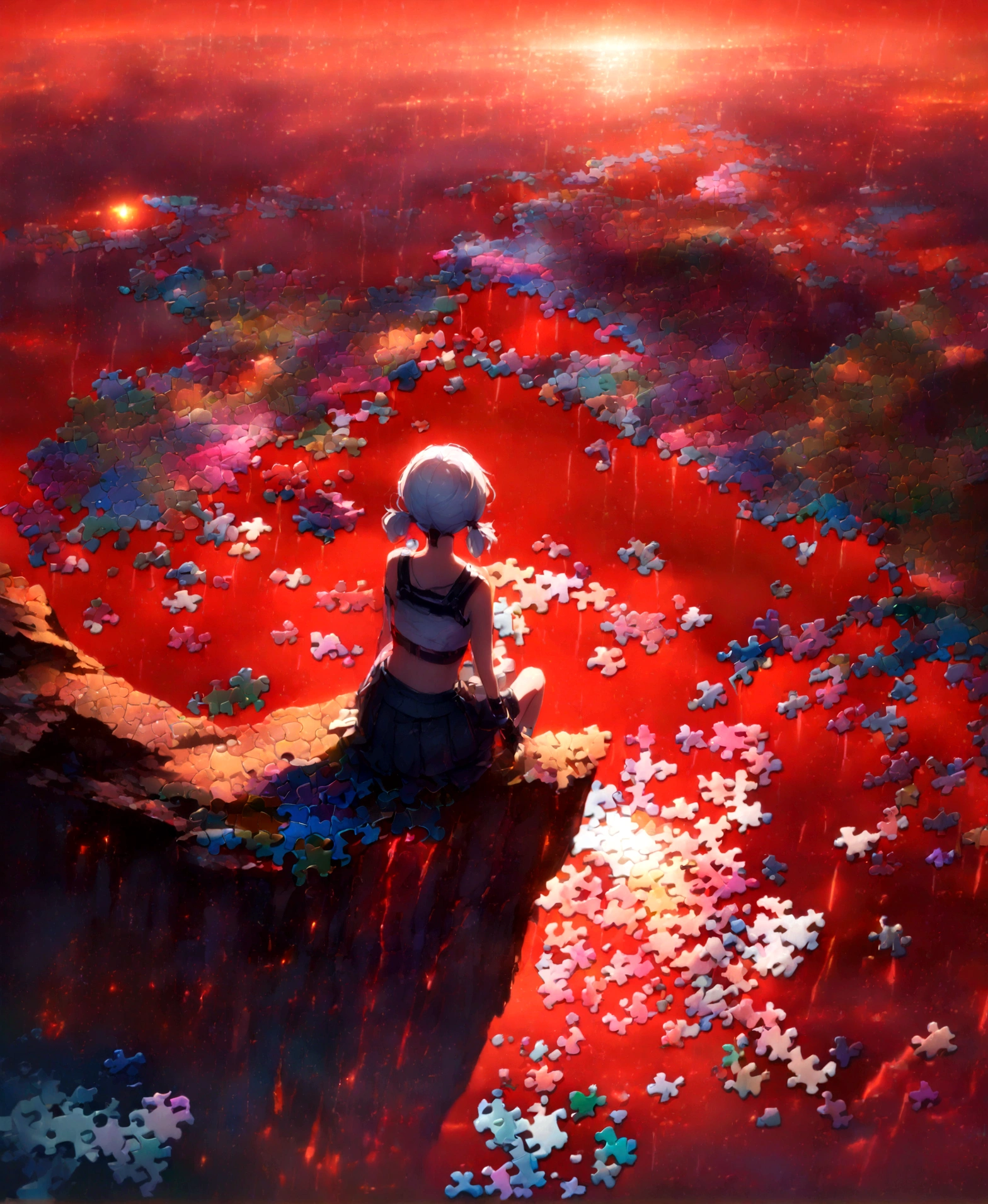 quality,(masterpiece:1.9),(details),((,best quality,)),//,(red theme:1.4),(red sky:1.7),(warning signal:1.2),cityscape,focus on sky,horizon,(,broken glass,broken sky:1.3),landscape,surreal elements,glitch,error message,(error,error data code:1.3),(glitch effect:1.3),(cyberpunk:1.5),shards,(puzzle:2.0),glass,broken glass,clear glass,shards of glass,broken glass shards,reflection,one girl,(sitting on edge of cliff),from behind,aerial view,,(short pigtails),(white hair:1.3),(crop top, gloves, skirt),(wide shot:1.4),mid shot