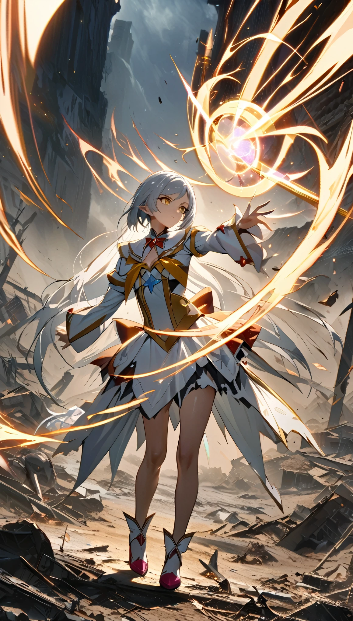 Portraiture, Long Hair, Gray Hair, Golden Eyes,  One girl, head, face, Magical girl, Absurd, masterpiece, highest quality, Magical girl costume, ((mahou shoujo)), short hair, Devastation, Remains, Dynamic pose, Apocalypse, Spell casting, Style-Glass, Full Body Shot