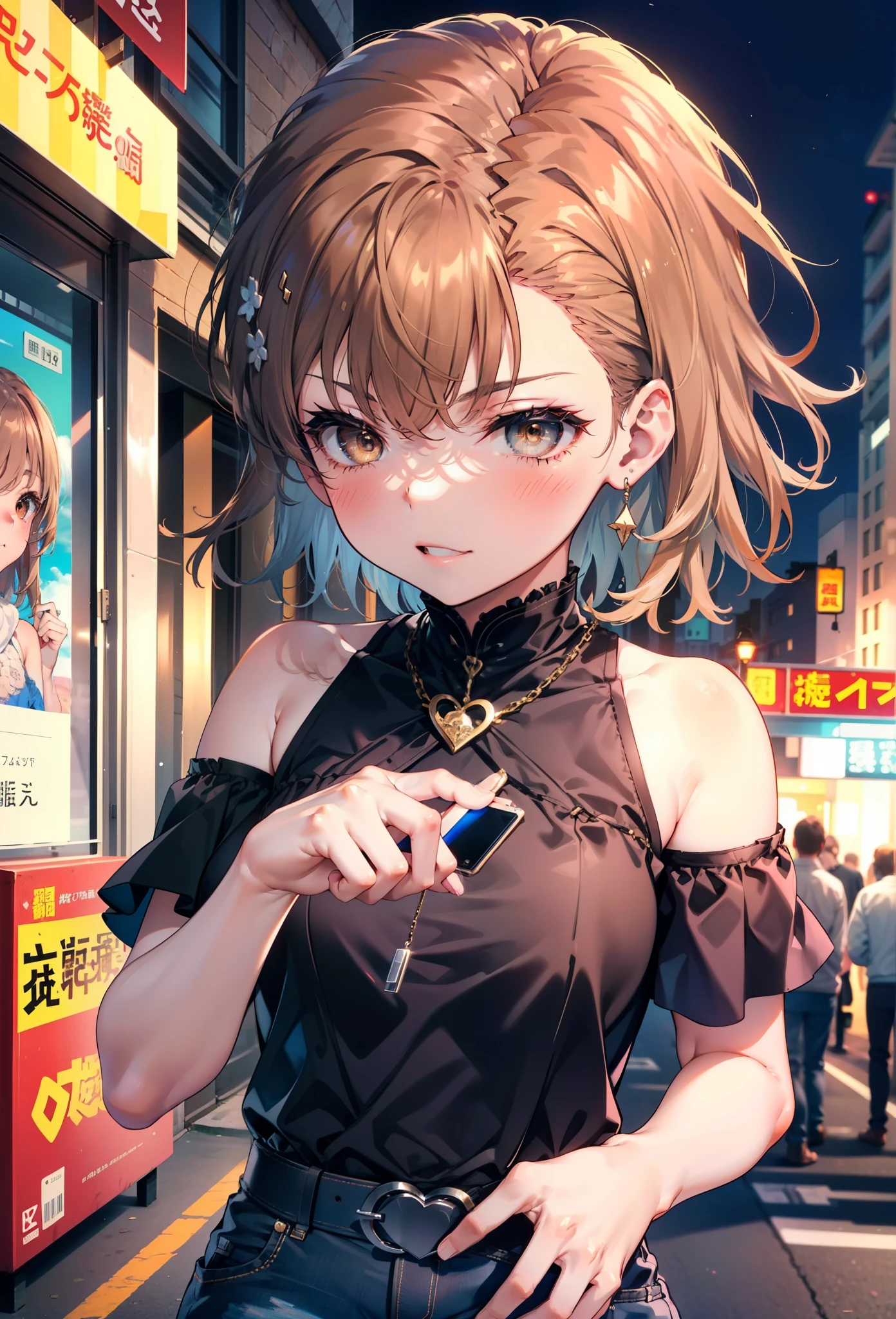 8k,highest quality,masterpiece,(((Pixel Perfect, 細部まin完璧))), 一people々in, 女の子1people々, Mycotrose, Brown eyes,Brown Hair,short hair,blush,Cold shoulder tops,Short sleeve,Skinny jeans,Stiletto heels,happy smile, smile, Open your mouth,whole bodyがイラストに入るように,Walking,night,Looking down from above,
break outdoors, Residential Street,crowd, people々々々々々,
break looking at viewer, whole body,
break (masterpiece:1.2), highest quality, High resolution, unity 8k wallpaper, (shape:0.8), (Beautiful details:1.6), Highly detailed face, Perfect lighting, Highly detailed CG, (Perfect hands, Perfect Anatomy),