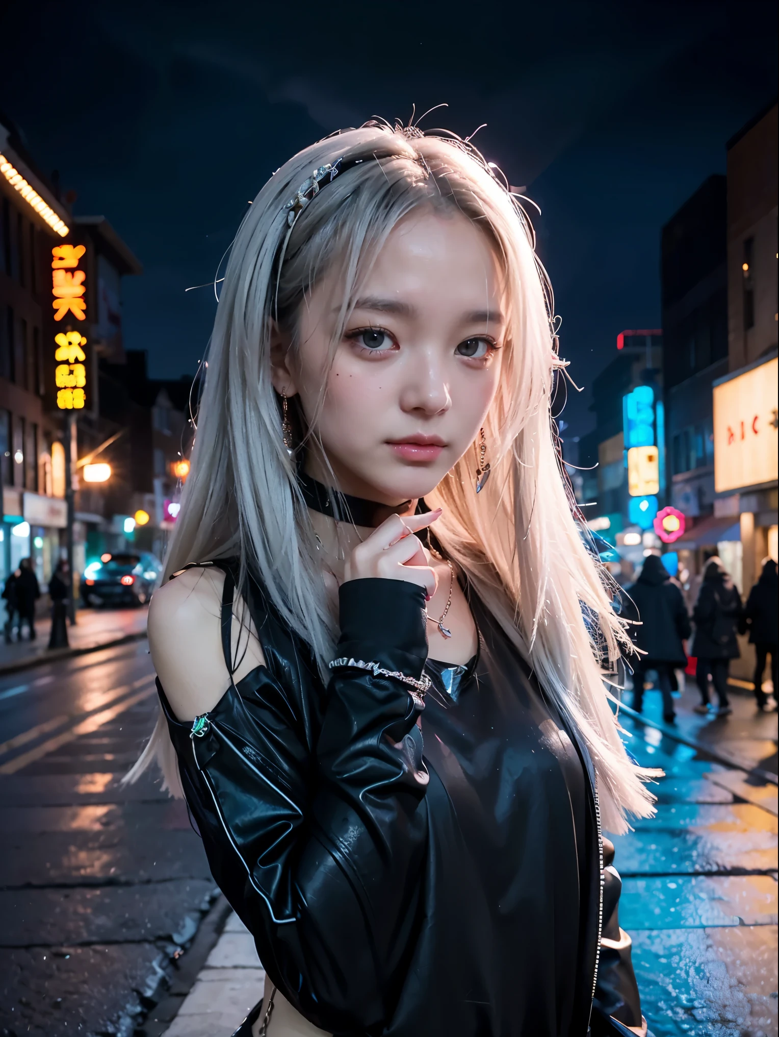 Standing on the street at night, shy, beauty spot on chin, side pose, small mole on chin, blushing, neon lights, detailed background, raining, long sleeves, neck choker with necklace, long necklace, evil look, white hair, detailed digital anime art
