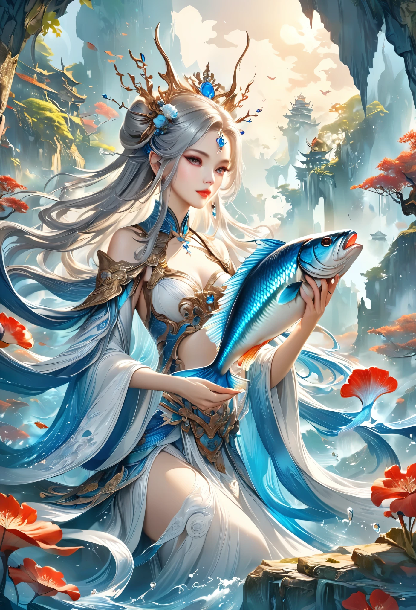 A painting，Painting of a woman holding a fish, Chinese Fantasy, digital fantasy art ), Detailed fantasy digital art, Beautiful fantasy art, trending digital fantasy art, 4k highly detailed digital art, very Beautiful fantasy art, Beautiful fantasy queen, Digital Art Fantasy art, Digital Art Fantasy, Fantasy art style, Beautiful digital artwork, Detailed fantasy art, beautiful fantasy painting