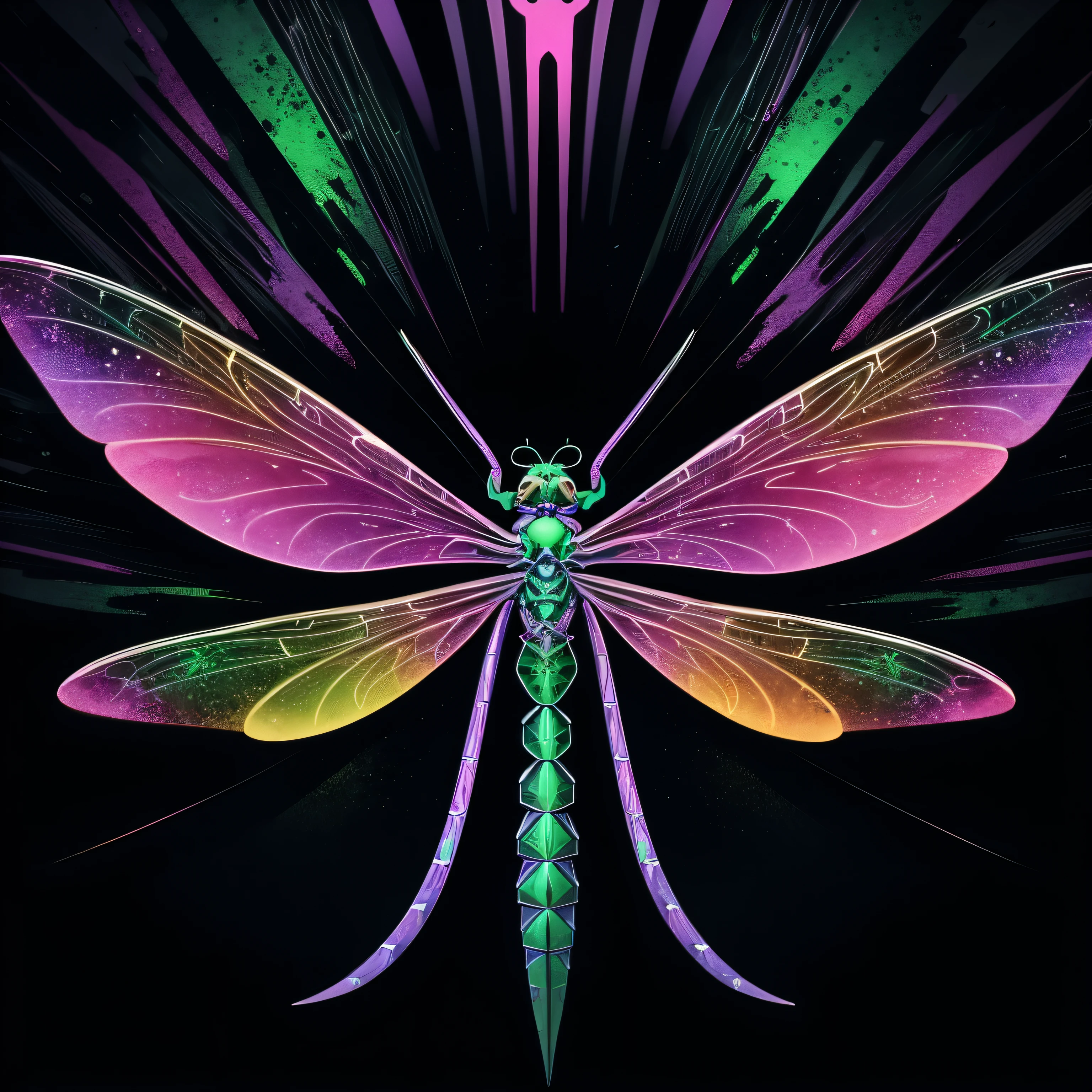 Centered vectorized illustration logo design, watercolor, chromed oil painting of a psychedelic dragonfly with three eyes, black background sparks, neon green, pink and purple colors high quality, best quality, perfectly textured, dramatic luminosity, octane render 8K.