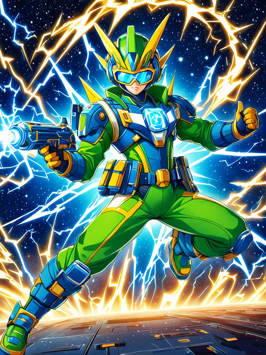 1boy, solo, Lightning energy,Electricity elements,Wearing a pointed headdress,Wearing large rectangular glasses,Blue Highlight Lightning,Wearing bright blue and green square clothing,High heel boots,Holding an electric weapon,Space starry sky background,Galactic battleship,Fighting Stance,Explosion,Best quality,Original,Cartoon Style,Vector illustration,Smooth and clear brushstrokes,precise,Anime Illustrations,Super Detail,Anatomically correct,masterpiece, 1djxz1