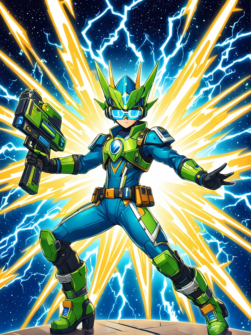 1boy, solo, Lightning energy，Electricity elements，Wearing a pointed headdress，Wearing large rectangular glasses，Blue Highlight Lightning，Wearing bright blue and green square clothing，High heel boots，Holding an electric weapon，Space starry sky background，Galactic battleship，Fighting Stance，Explosion，Best quality，Original，Cartoon Style，Vector illustration，Smooth and clear brushstrokes，precise，Anime Illustrations，Super Detail，Anatomically correct，masterpiece, 1djxz1