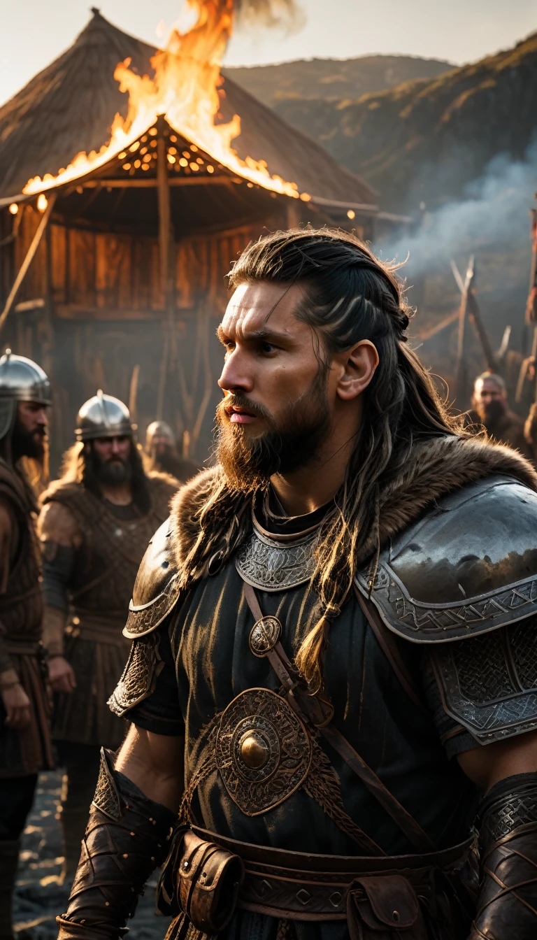 As the sun began to set, The warm golden hues of the sun illuminated his ornate attire, Low angle from behind, a group of men chained around a fire with flames in the background, long braided viking beard, barba viking, an epic viking battle scene, estilo viking, fire behind him, de witcher (2021), Efeitos visuais impressionantes, Messi como um viking, Cultura Viking, barba grisalha, jason momoa as assyrian, Directed by: Marcin Zaleski, background dark, hyper realistic, ultra detailed hyper realistic, photorealistic, Studio Lighting, in screenshot from the 300 movie, reflections, dynamic pose, Cinematic, Color Grading, Photography, Shot on 50mm lens, Overhead shot, Depth of Field, hyper-detailed, beautifully color, 8k,
