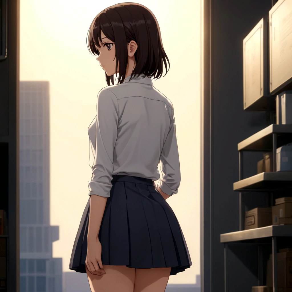 masterpiece, best quality, score_9, score_8_up, score_7_up, source anime, perfect anatomy, rating explicit, anime, nsfw, nude, absurdity, anime girl in a short skirt standing エレベーターの中で, 4k,
