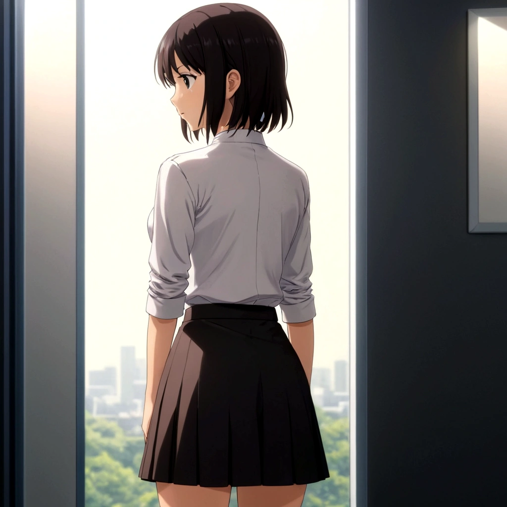 masterpiece, best quality, score_9, score_8_up, score_7_up, source anime, perfect anatomy, rating explicit, anime, nsfw, nude, absurdity, anime girl in a short skirt standing エレベーターの中で, 4k,