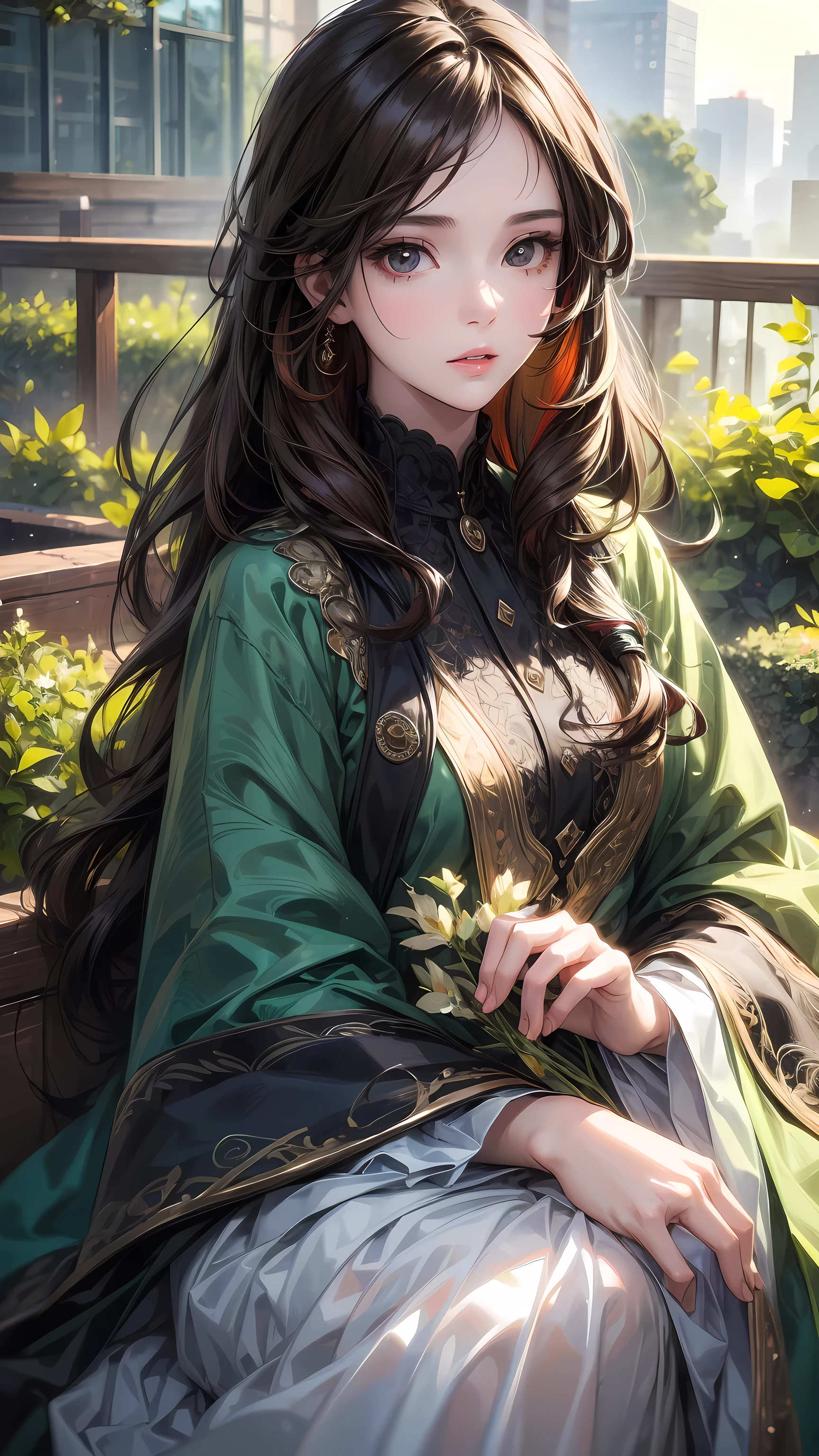 1 person, green roof, Dark brown hair, Multicolored Glass, Brilliant colors, masterpiece, best quality, delicate eyes, Detailed lips, Detailed clothes, (black eyes: 1.2), very realistic face,