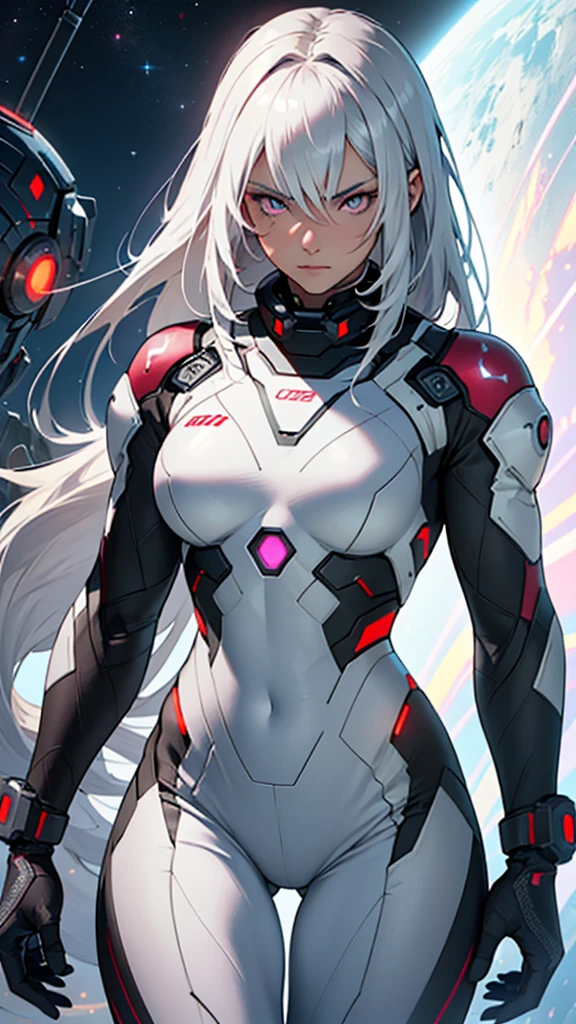 Beautiful cybernetic girl in mobile cybernetic battle suit detailed muscles realistic masterpieces full figure pose (best quality,ultra-detailed), white-haired girl, maroon eyes, long hair, fair skin, fit body, slim figure, narrow waist, large buttocks, (confident expression), black cybernetic battle spacesuit, space between thighs, confident facial expression