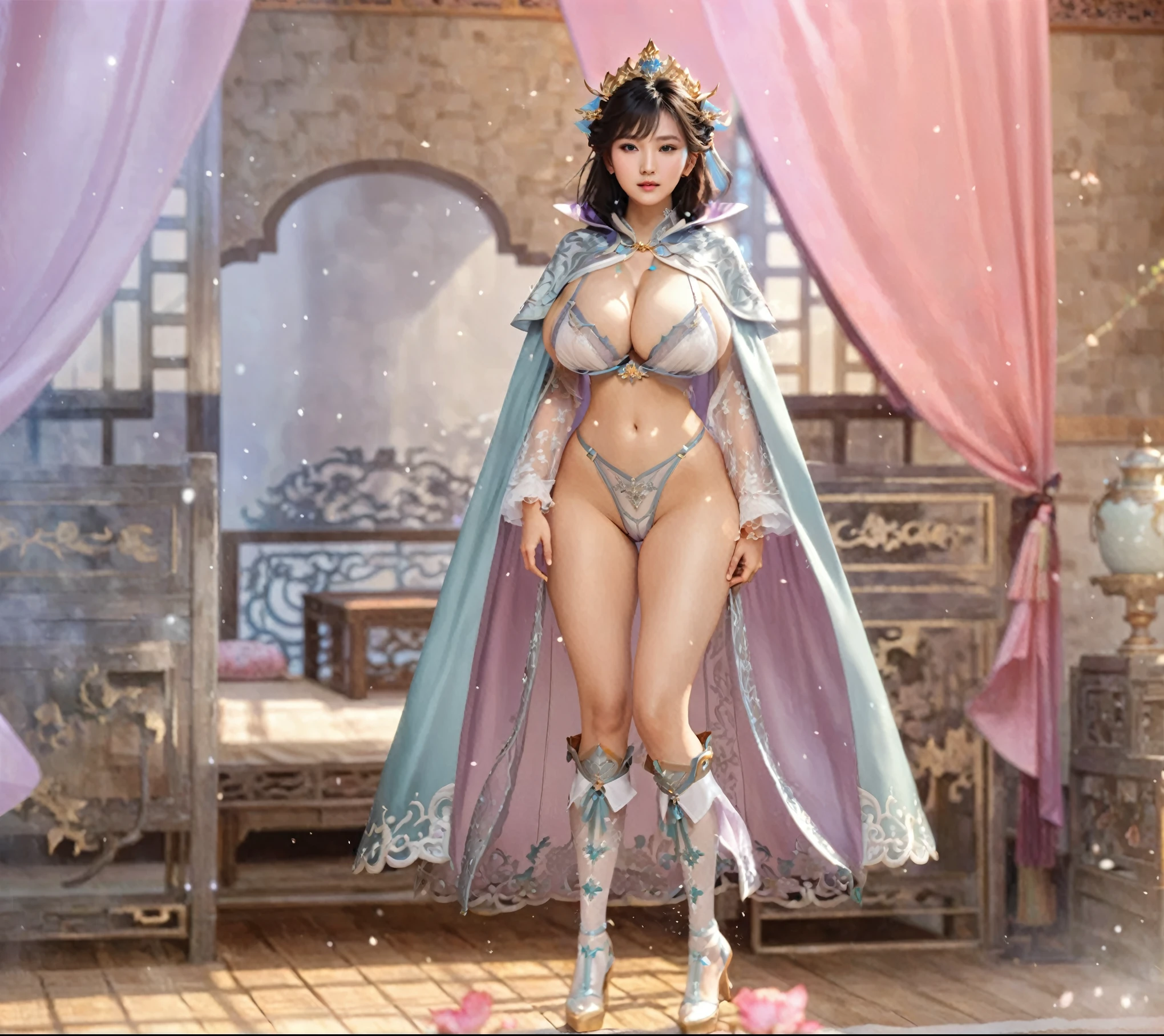 There is a woman posing in sexy lingerie and cape, Beautiful fantasy queen, full body xianxia, Popular on cgstation, Stunning fantasy 3D rendering, Beautiful charming anime woman, Oriental Fantasy, Fantasy Costume, Charming princess,Put on Hanfu, 3D Rendering Character Art 8k, realistic fantasy rendering, Beautiful fantasy girl