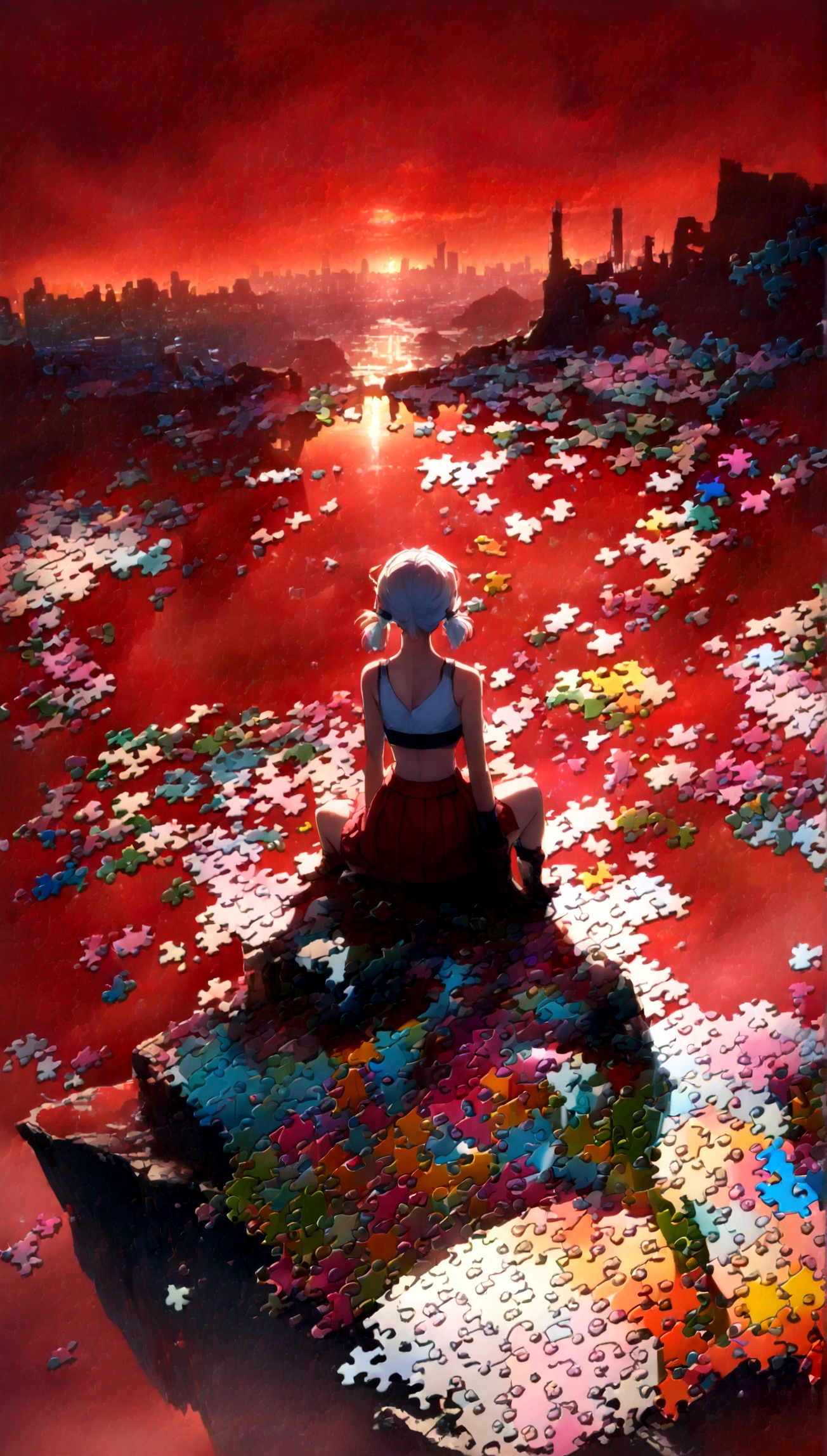quality,(masterpiece:1.9),(details),((,best quality,)),//,(red theme:1.4),(red sky:1.7),(warning signal:1.2),cityscape,focus on sky,horizon,(,broken glass,broken sky:1.3),landscape,surreal elements,glitch,error message,(error,error data code:1.3),(glitch effect:1.3),(cyberpunk:1.5),shards,(puzzle:2.0),glass,broken glass,clear glass,shards of glass,broken glass shards,reflection,one girl,(sitting on edge of cliff),from behind,aerial view,,(short pigtails),(white hair:1.3),(crop top, gloves, skirt),(wide shot:1.4),mid shot
