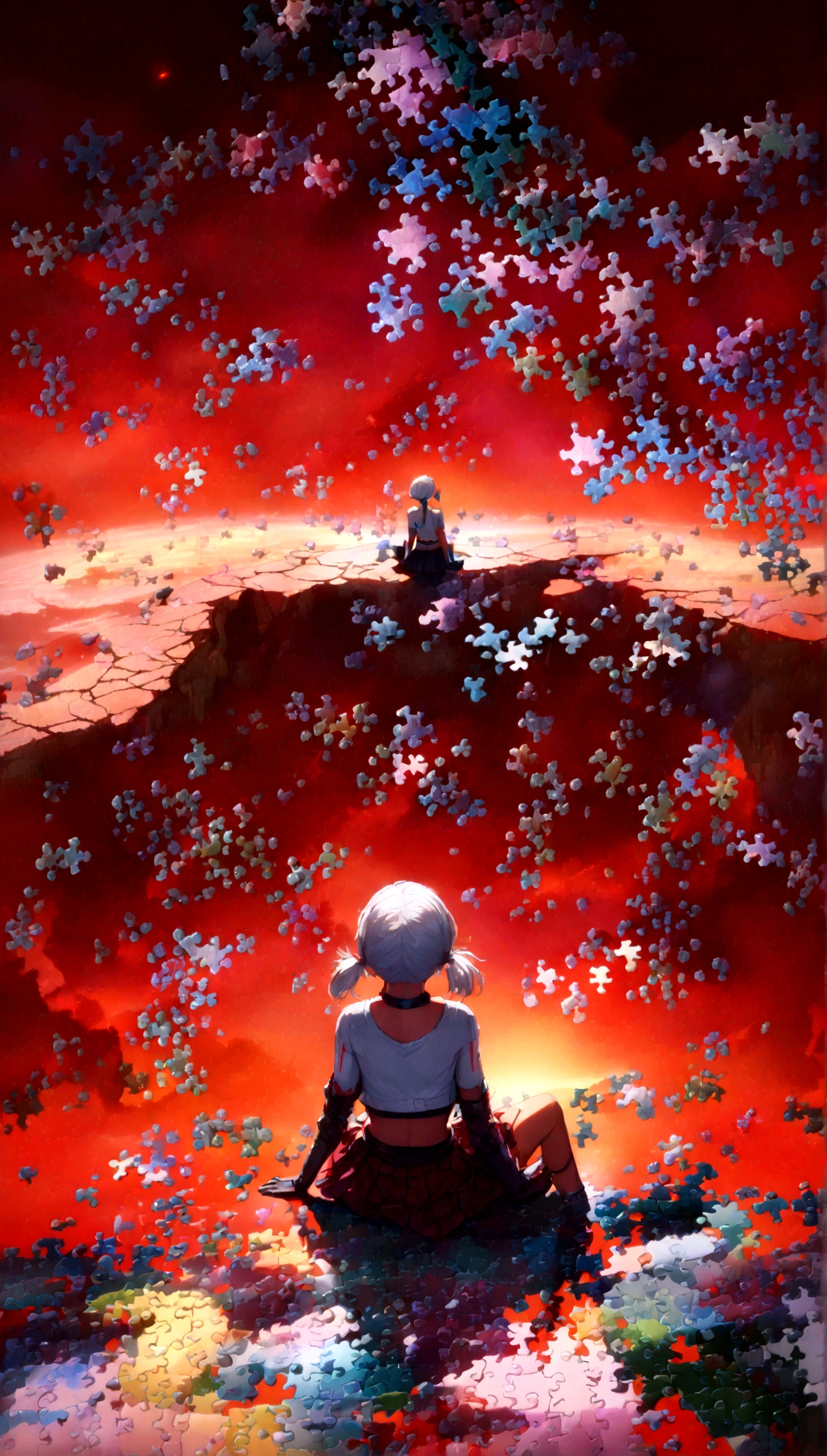 quality,(masterpiece:1.9),(details),((,best quality,)),//,(red theme:1.4),(red sky:1.7),(warning signal:1.2),cityscape,focus on sky,horizon,(,broken glass,broken sky:1.3),landscape,surreal elements,glitch,error message,(error,error data code:1.3),(glitch effect:1.3),(cyberpunk:1.5),shards,(puzzle:2.0),glass,broken glass,clear glass,shards of glass,broken glass shards,reflection,one girl,(sitting on edge of cliff),from behind,aerial view,,(short pigtails),(white hair:1.3),(crop top, gloves, skirt),(wide shot:1.4),mid shot