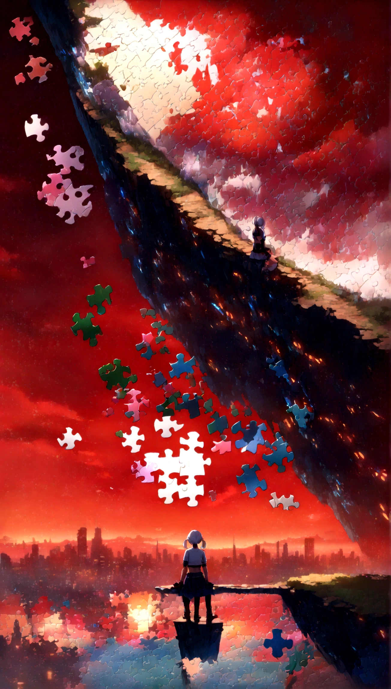 quality,(masterpiece:1.9),(details),((,best quality,)),//,(red theme:1.4),(red sky:1.7),(warning signal:1.2),cityscape,focus on sky,horizon,(,broken glass,broken sky:1.3),landscape,surreal elements,glitch,error message,(error,error data code:1.3),(glitch effect:1.3),(cyberpunk:1.5),shards,(puzzle:2.0),glass,broken glass,clear glass,shards of glass,broken glass shards,reflection,one girl,(sitting on edge of cliff),from behind,aerial view,,(short pigtails),(white hair:1.3),(crop top, gloves, skirt),(wide shot:1.4),mid shot