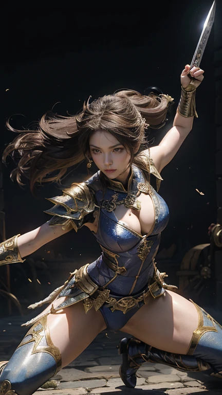 ((masterpiece)),highest quality, (8k, highest quality), Very detailed,(Female gladiator in chain mail,Skin-revealing high-leg costume),(Dynamic fighting poses),(A look of contempt),(Slowly spread your legs、Keep your center of gravity low, Like Chinese martial arts.)、,Very beautiful 24 year old girl, (cute:1.2),The background is a medieval castle of the future、((A powerful female warlord stabs the screen with her legendary longsword.))、A sulky smile、(Sharp, large eyes and a beautiful face)、The fight has left my whole body covered in soot.