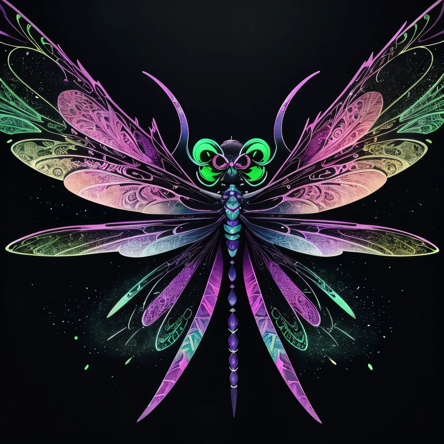 Centered vectorized illustration logo design, watercolor, chromed oil painting of a psychedelic dragonfly with three eyes, black background sparks, neon green, pink and purple colors high quality, best quality, perfectly textured, dramatic luminosity, octane render 8K.